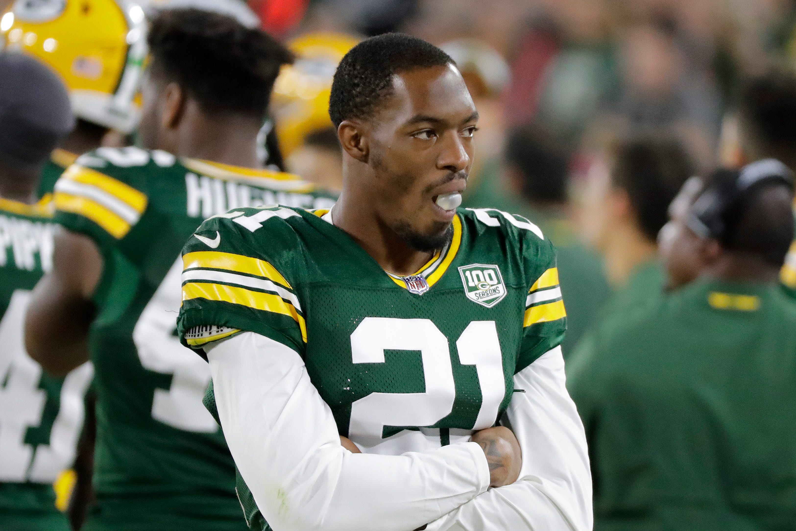 Green Bay Packers defensive back Ha Ha Clinton-Dix (21) chews gum on the sideline during an NFL preseason game at Lambeau Field on Thursday, August 9, 2018 in Green Bay, Wis.