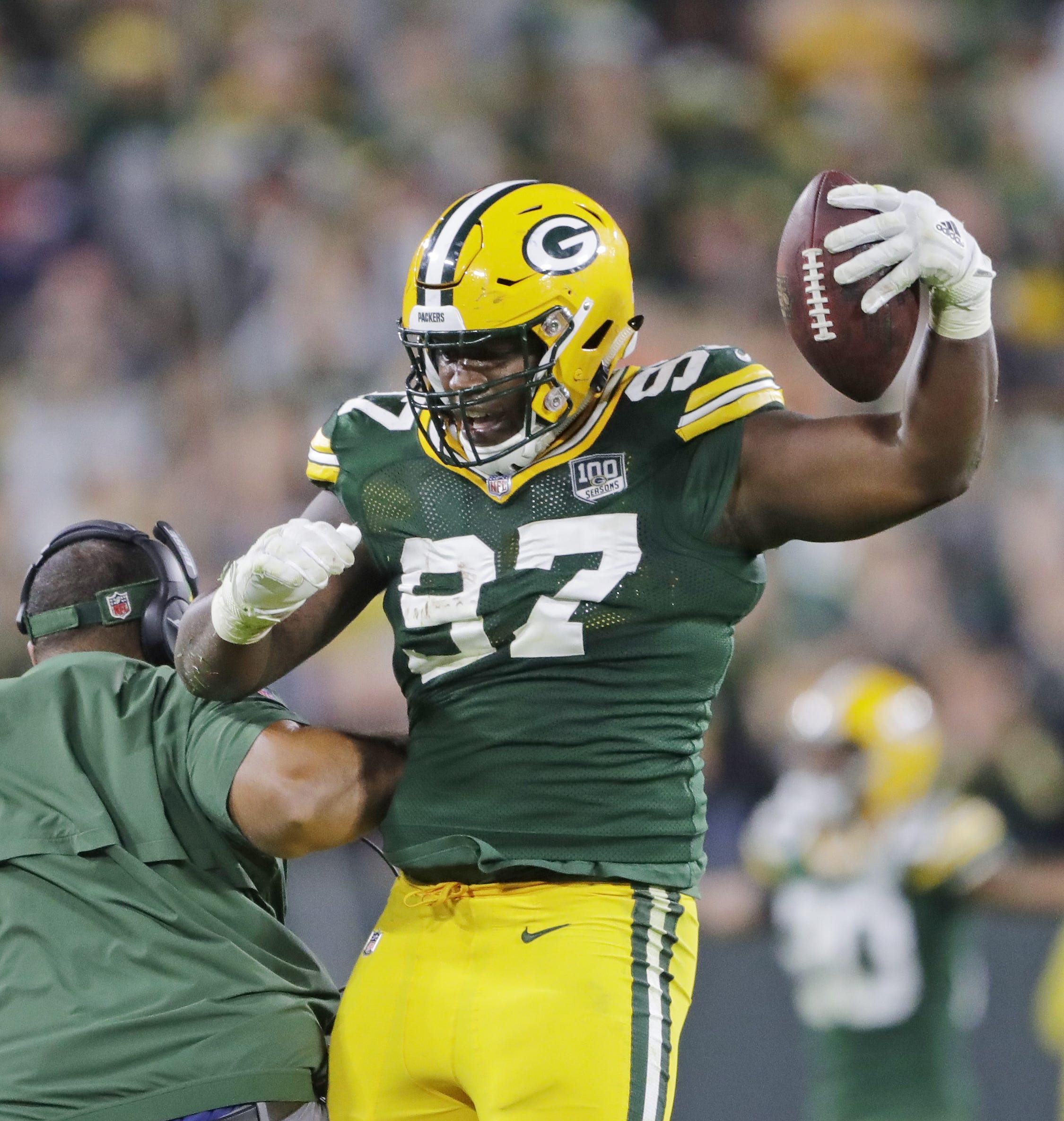 Green Bay Packers nose tackle Kenny Clark (97) reacts after recovering a fumble in the fourth quarter against the Chicago Bears at Lambeau Field on Sunday, September 9, 2018 in Green Bay, Wis.
Adam Wesley/USA TODAY NETWORK-Wisconsin