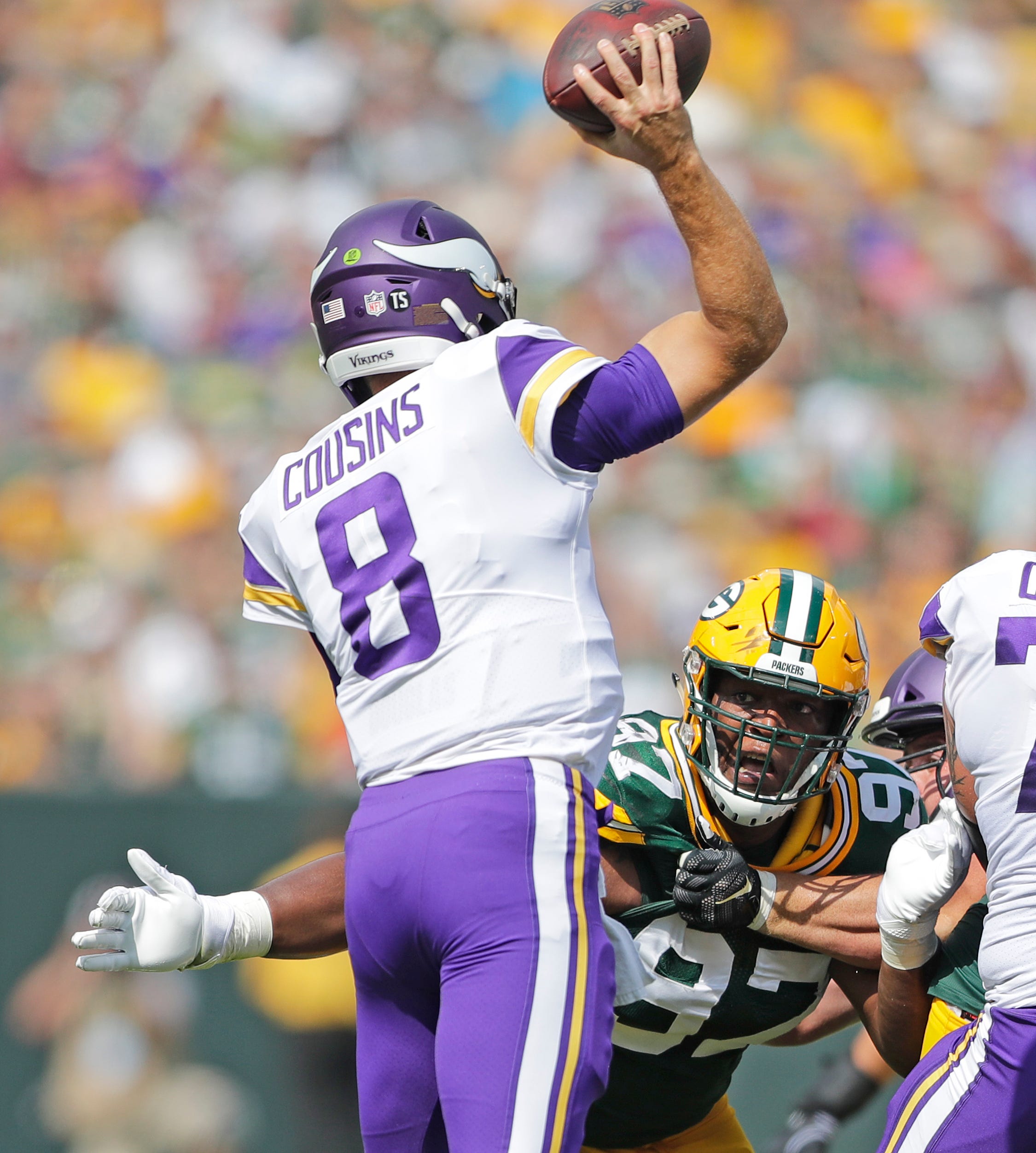 Green Bay Packers nose tackle Kenny Clark (97) pressures Minnesota Vikings quarterback Kirk Cousins (8) at Lambeau Field on Sunday, September 16, 2018 in Green Bay, Wis.
Adam Wesley/USA TODAY NETWORK-Wisconsin