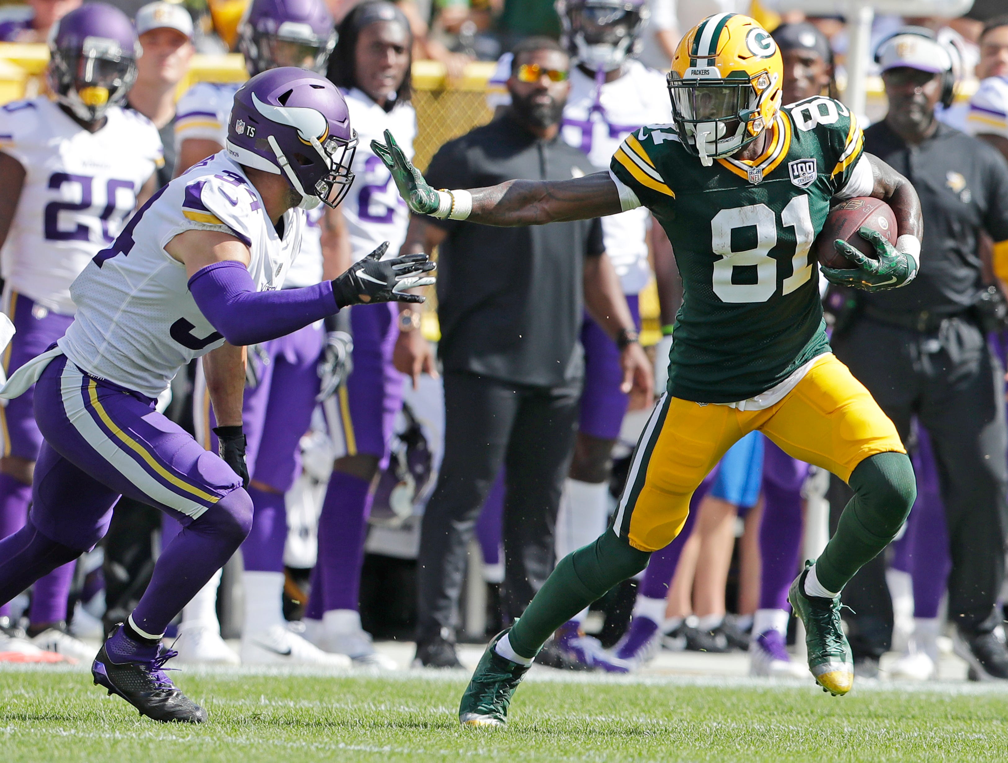 Packers wide receiver Geronimo Allison (81) runs after a catch against the Minnesota Vikings on Sept. 16 at Lambeau Field.