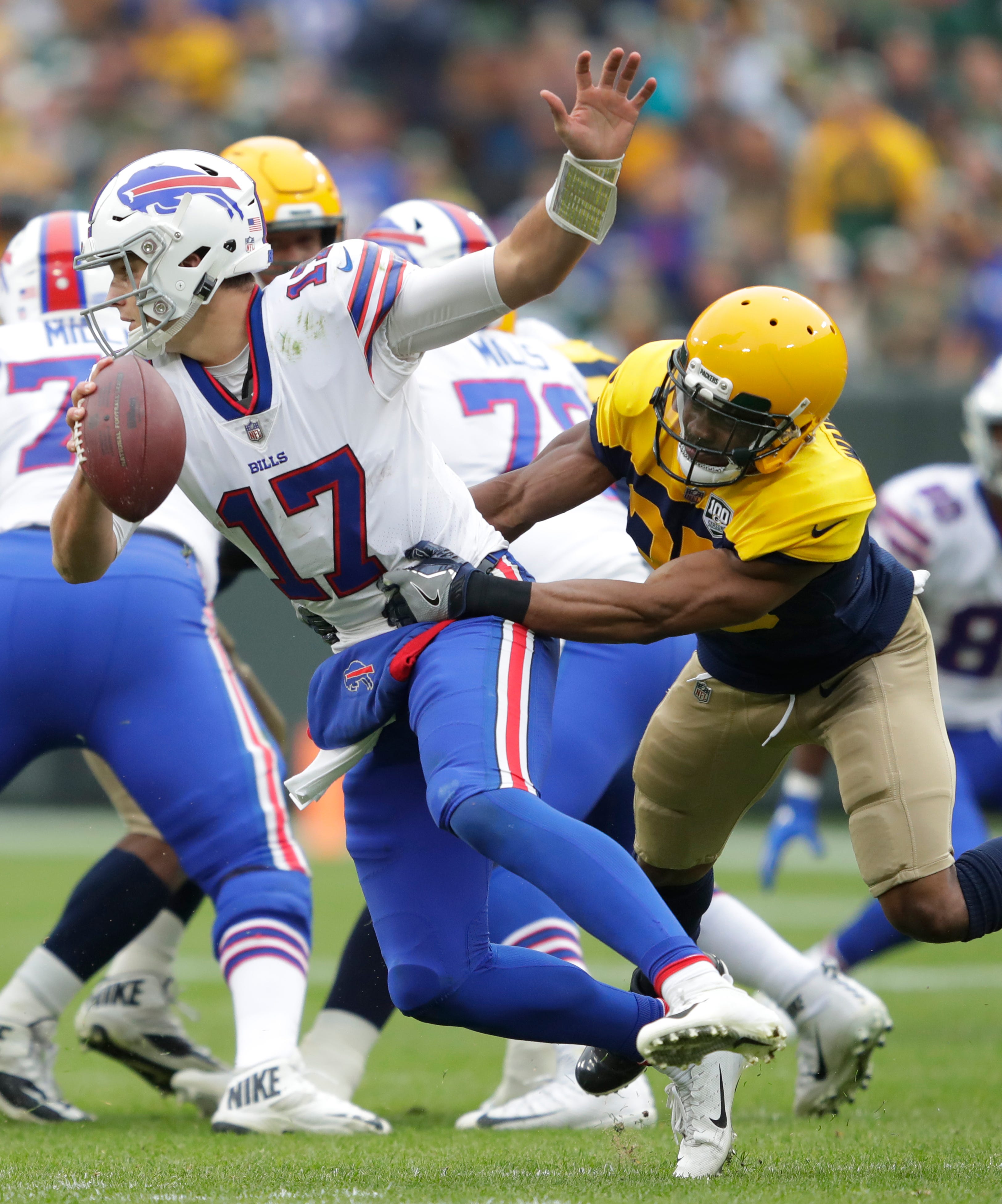 Green Bay Packers defensive back Jermaine Whitehead (35) sacks Buffalo Bills quarterback Josh Allen (17) in the third quarter during their football game Sunday, Sept. 30, 2018, at Lambeau Field in Green Bay, Wis. 
Dan Powers/USA TODAY NETWORK-Wisconsin