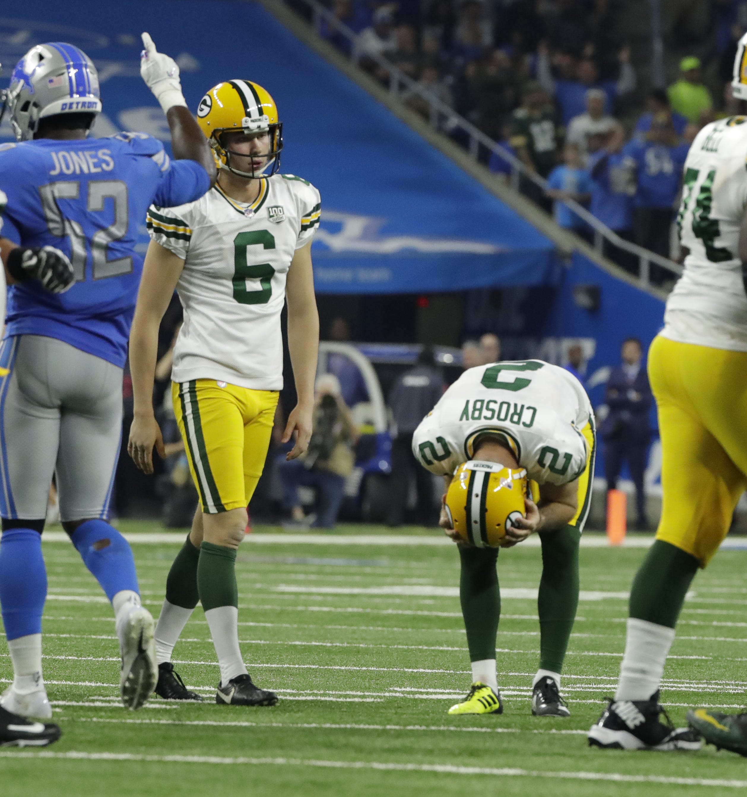 Green Bay Packers kicker Mason Crosby (2) reacts after missing his third field goal attempt during the Green Bay Packers vs. Detroit Lions NFL game at Ford Field, Detroit, Sunday, October 7, 2018.