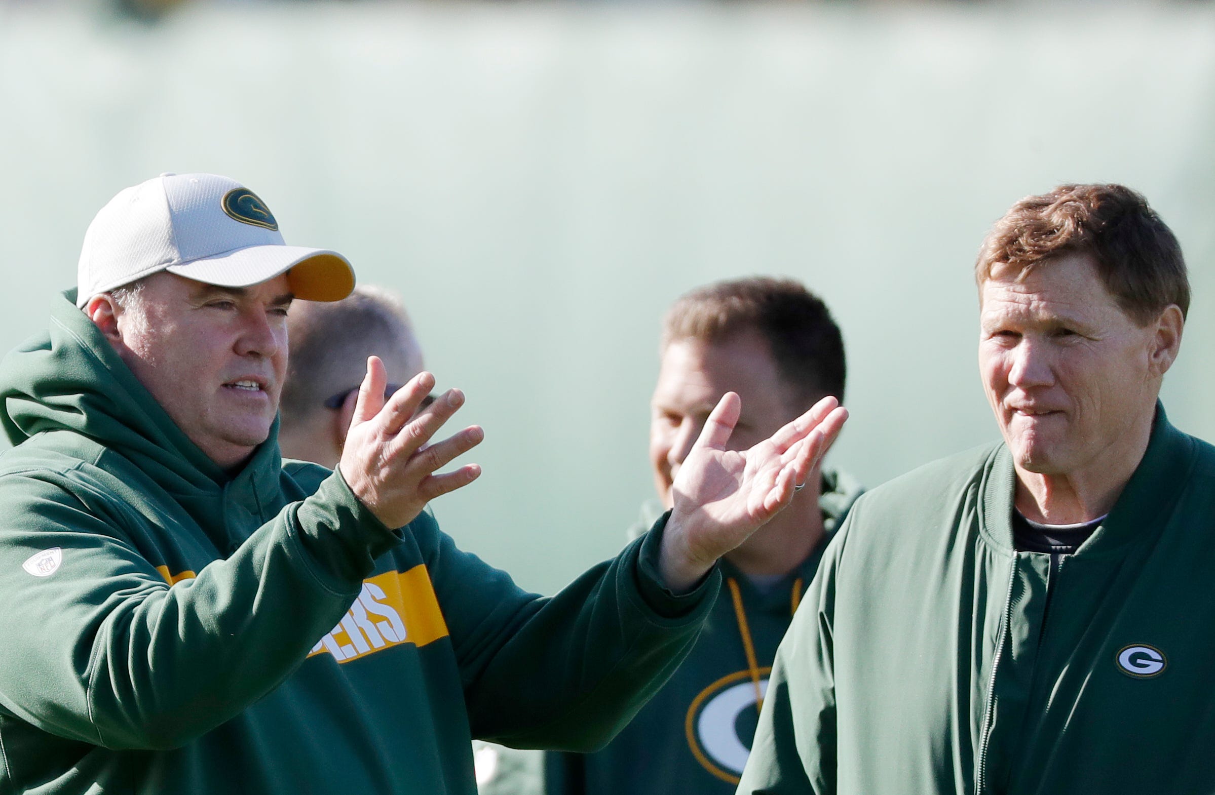 Green Bay Packers head coach Mike McCarthy talks to CEO Mark Murphy during practice at Ray Nitschke Field on Wednesday, October 31, 2018 in Ashwaubenon, Wis.