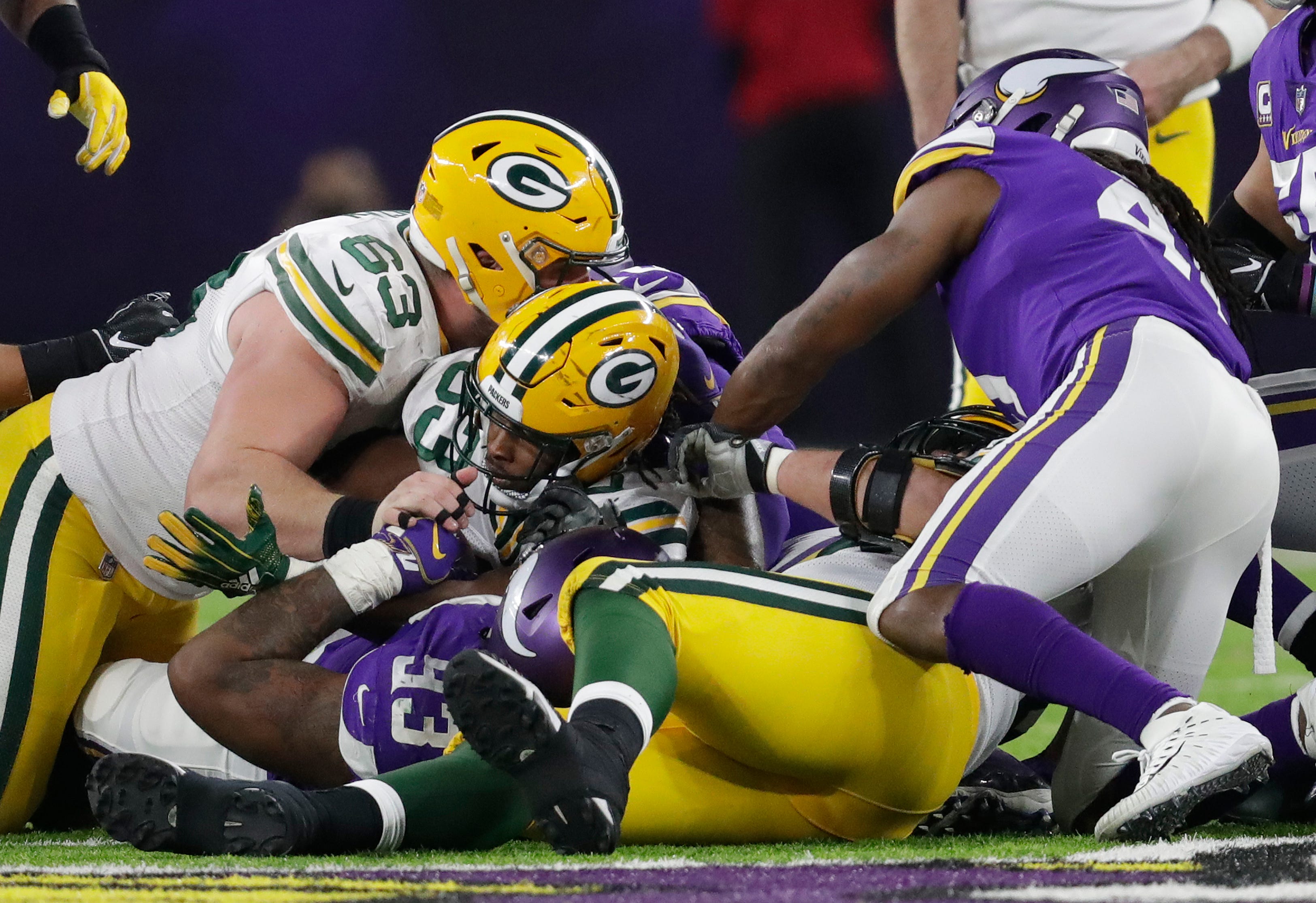 Green Bay Packers running back Aaron Jones (33) can't convert a fourth down in the fourth quarter against the Minnesota Vikings during their football game Sunday, November 25, 2018, at U.S. Bank Stadium in Minneapolis, Minn. 
Dan Powers/USA TODAY NETWORK-Wisconsin