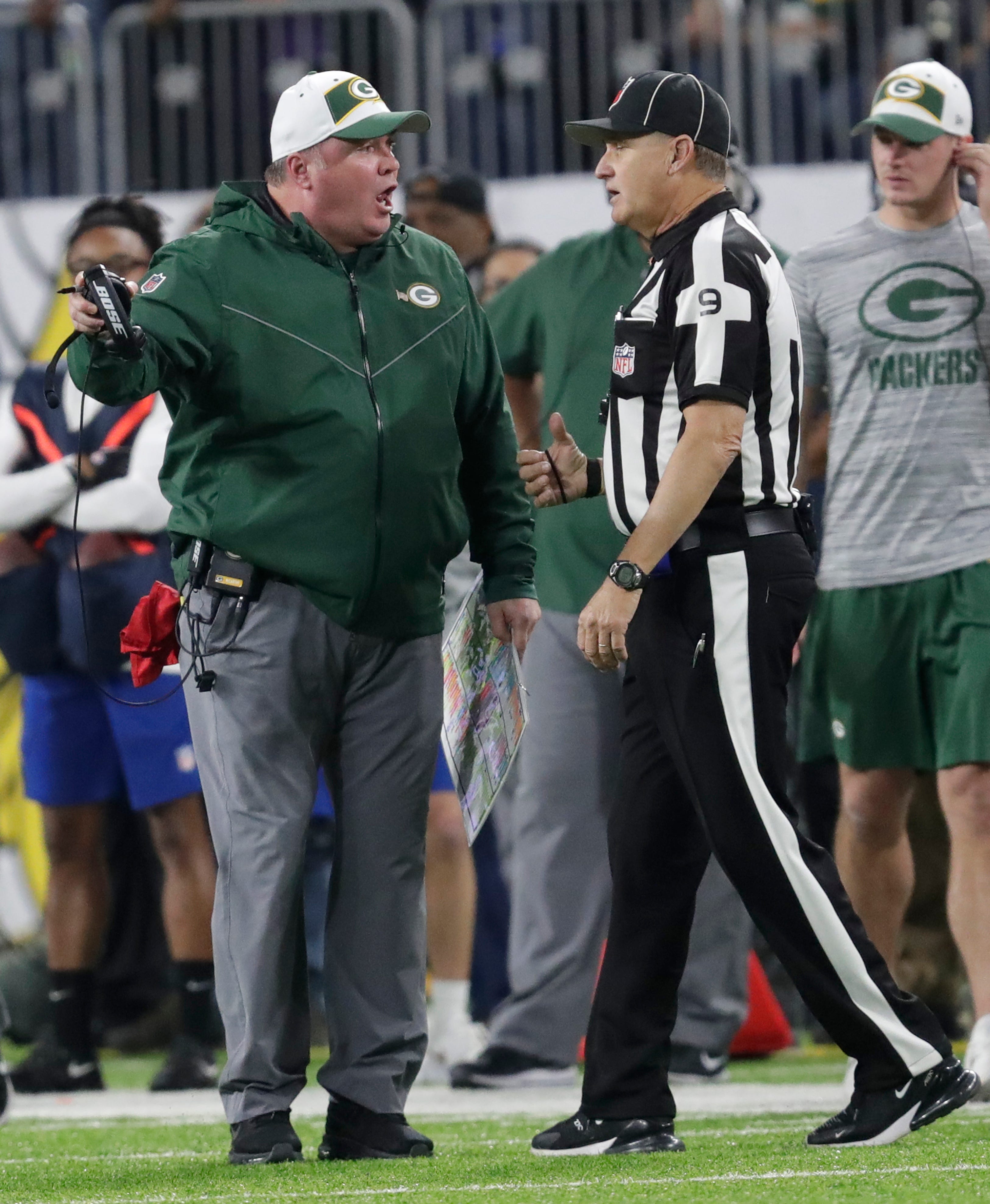 Green Bay Packers head coach Mike McCarthy yells at an official in the third quarter against the Minnesota Vikings during their football game Sunday, November 25, 2018, at U.S. Bank Stadium in Minneapolis, Minn. 
Dan Powers/USA TODAY NETWORK-Wisconsin