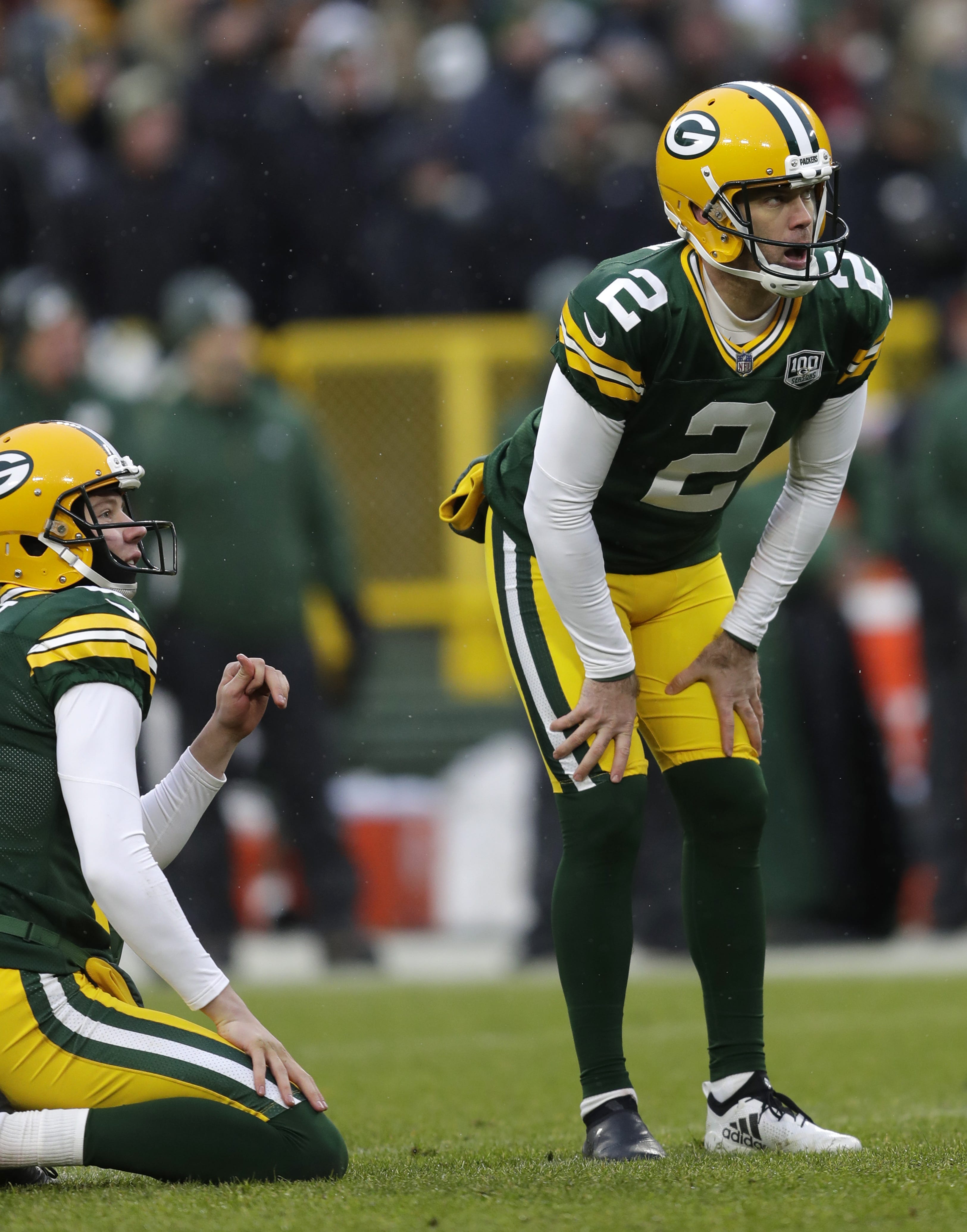 Green Bay Packers kicker Mason Crosby (2) and Green Bay Packers punter J.K. Scott (6) react to a misssing the potential game-tying fieldgoal as time expires against the Arizona Cardinals Sunday, December 2, 2018, at Lambeau Field in Green Bay, Wis. 
Dan Powers/USA TODAY NETWORK-Wisconsin
Sunday, December 2, 2018, at Lambeau Field in Green Bay, Wis. 
Dan Powers/USA TODAY NETWORK-Wisconsin