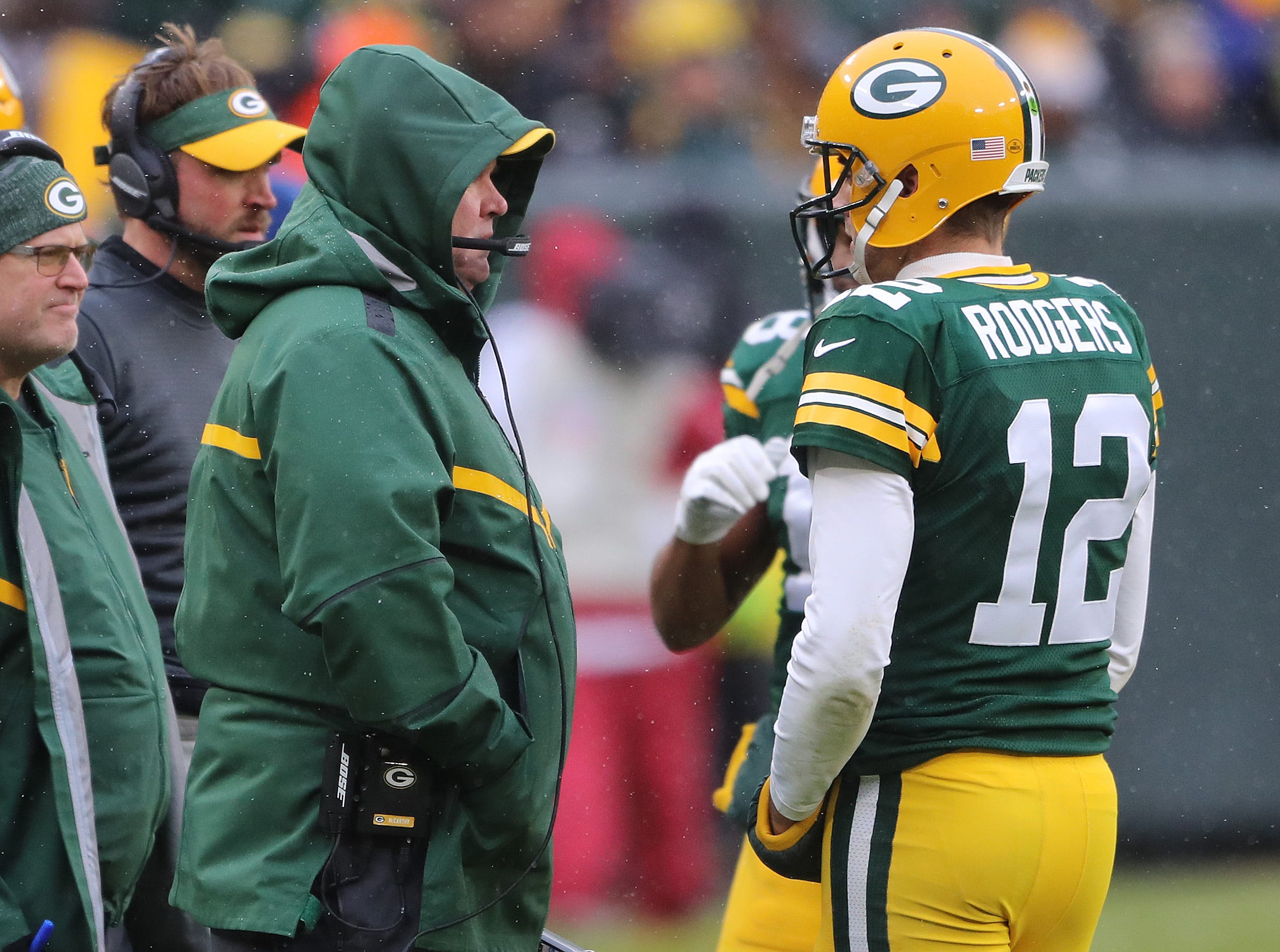 Green Bay Packers quarterback Aaron Rodgers (12) talks with Green Bay Packers' Mike McCarthy against the Arizona Cardinals Sunday, December 2, 2018 at Lambeau Field in Green Bay, Wis.
Jim Matthews/USA TODAY NETWORK-Wis