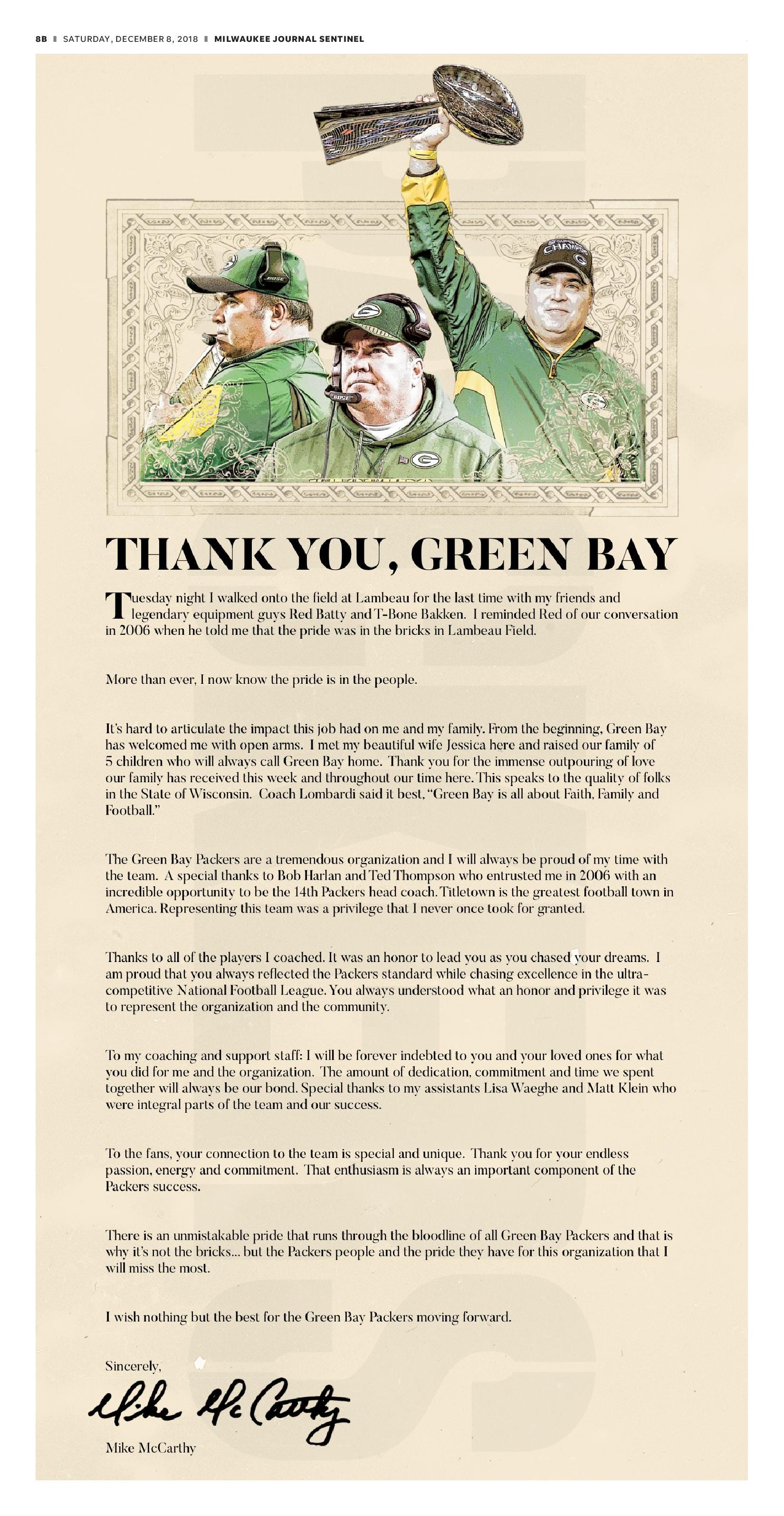 Mike McCarthy took out a full page advertisement thanking the fans of Green Bay.