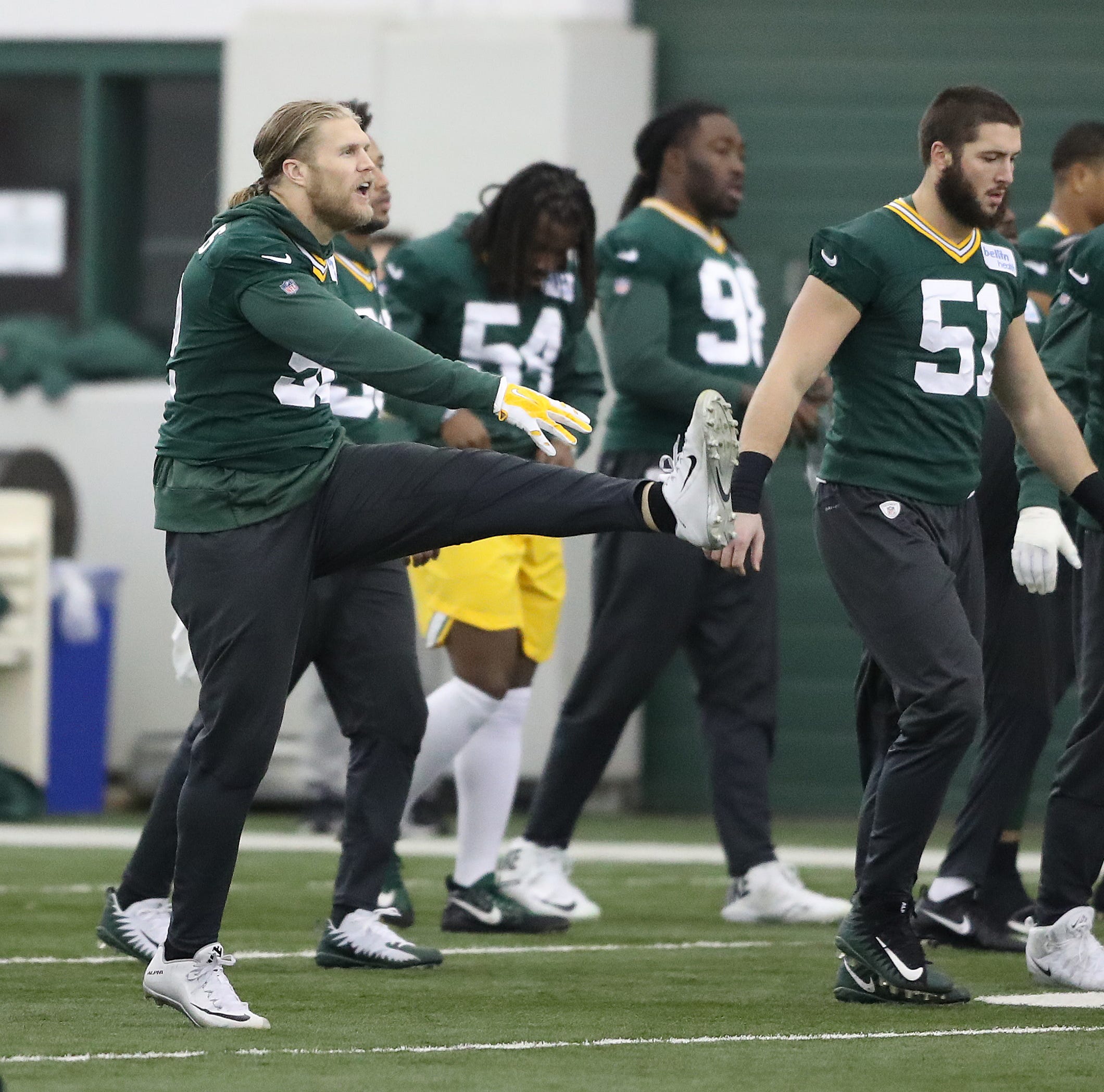 Green Bay Packers outside linebacker Clay Matthews (52) warms up during practice Wednesday, December 12, 2018 in the Don Hutson Center in Ashwaubenon, Wis.