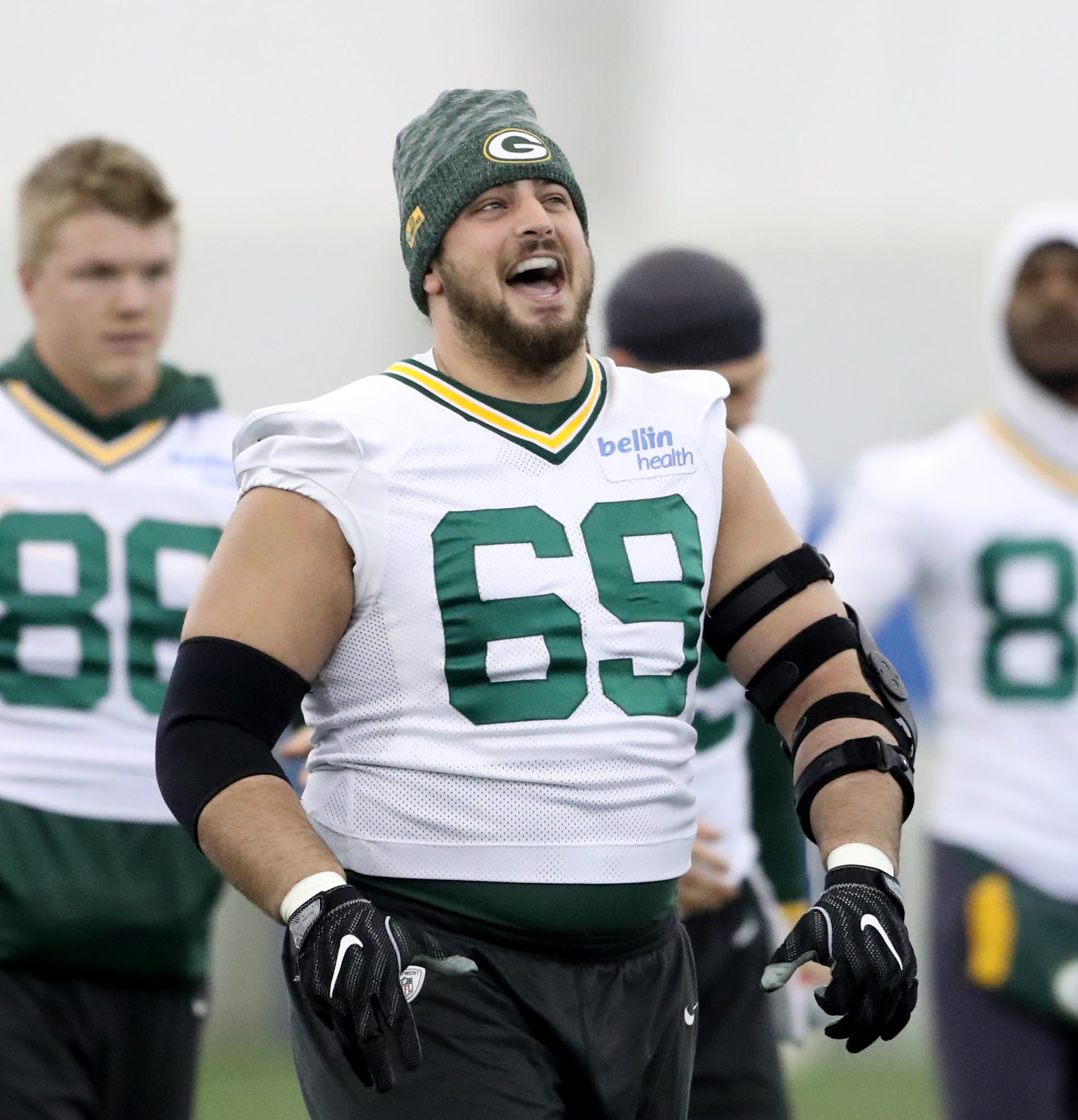 Green Bay Packers offensive tackle David Bakhtiari (69) laughs out loud during practice Thursday, December 13, 2018 in the Don Hutson Center in Ashwaubenon, Wis.