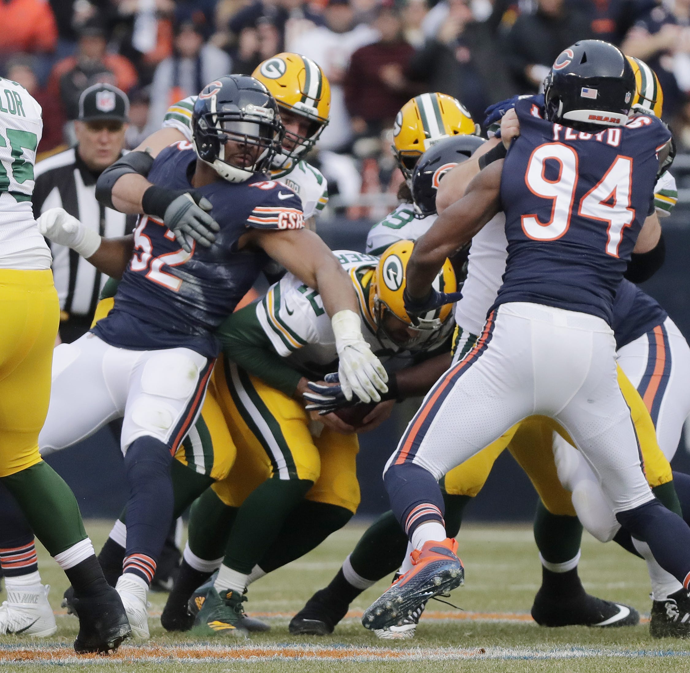 Chicago Bears outside linebacker Khalil Mack (52) sacks Green Bay Packers quarterback Aaron Rodgers (12) in the first quarter at Soldier Field on Sunday, December 16, 2018 in Chicago, Illinois.
Adam Wesley/USA TODAY NETWORK-Wis
