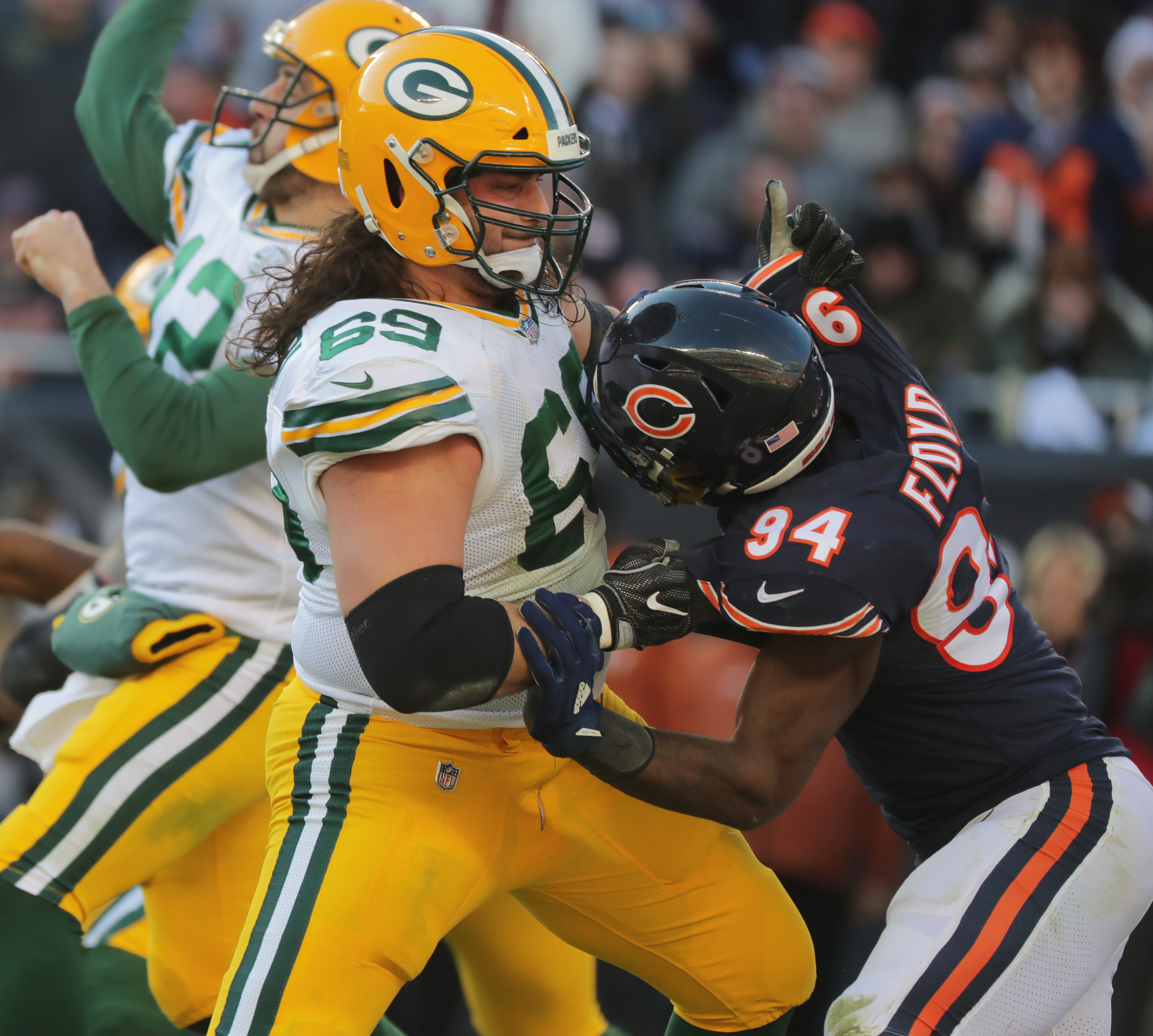 Green Bay Packers offensive tackle David Bakhtiari (69) blocks Chicago Bears outside linebacker Leonard Floyd (94) during the fourth quarter of their game Sunday, December 25, 2018 at Soldier Field in Chicago, Ill. The Chicago Bears beat the Green Bay Packers 24-17.

MARK HOFFMAN/MILWAUKEE JOURNAL SENTINEL