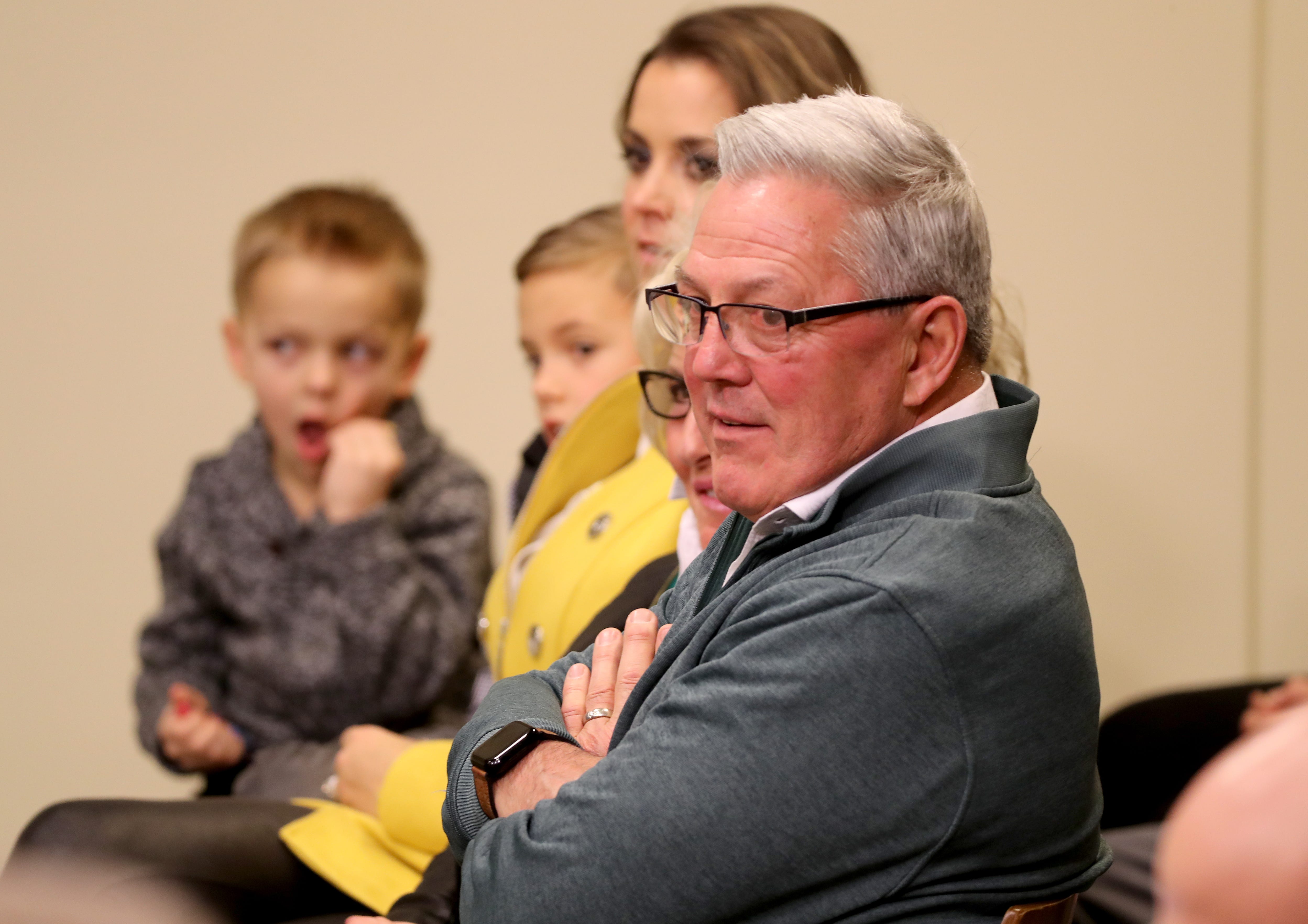 New Green Bay Packers head coach Matt LaFleur's father Denny looks on during media questioning as LaFleur is introduced during a press conference in the Lambeau Field media auditorium Wednesday, January 9, 2019 in Green Bay, Wis.
