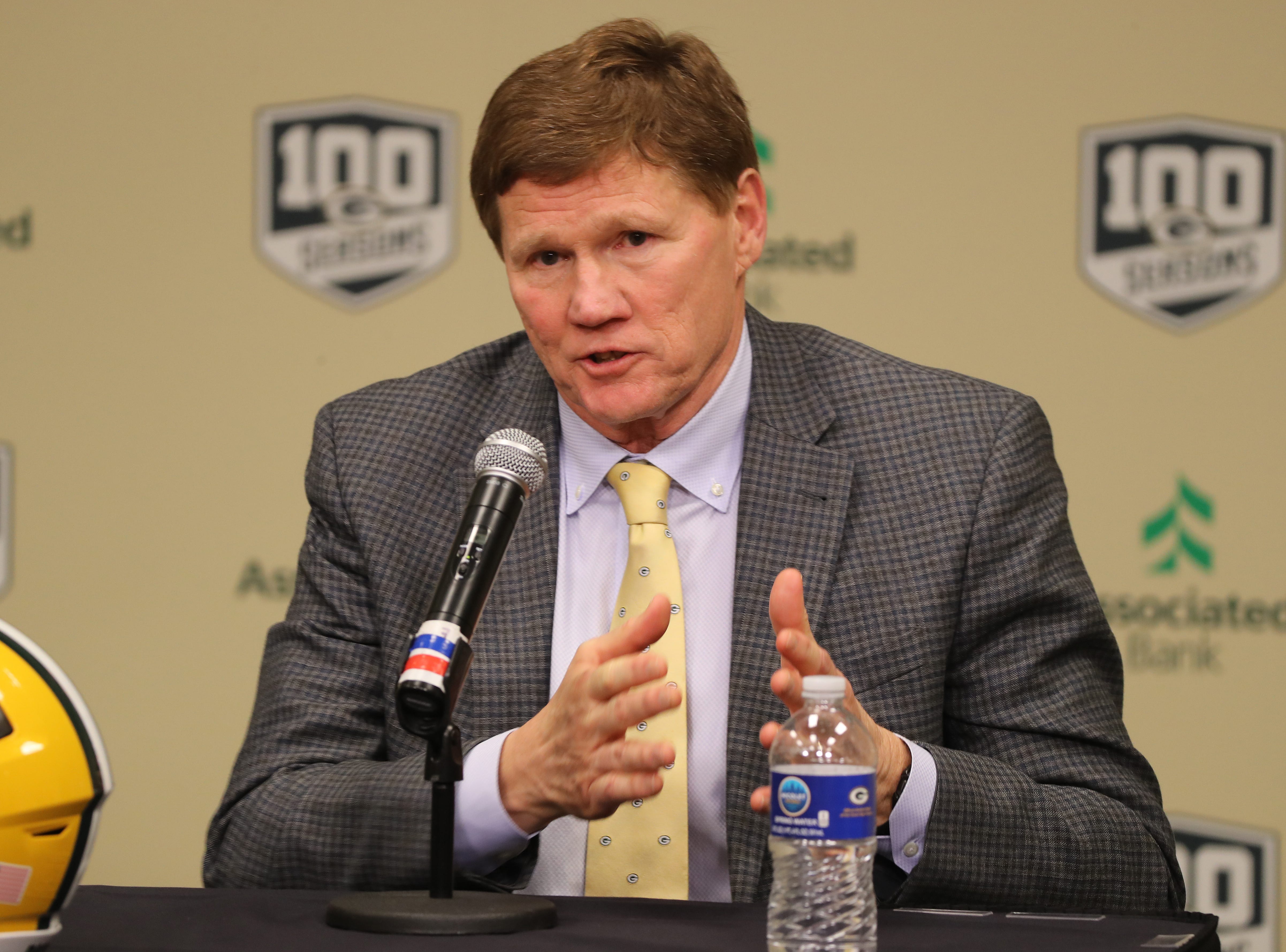 Green Bay Packers president Mark Murphy talks about the head coach interview experience as new head coach Matt LaFleur is introduced during a press conference in the Lambeau Field media auditorium Wednesday, January 9, 2019 in Green Bay, Wis.