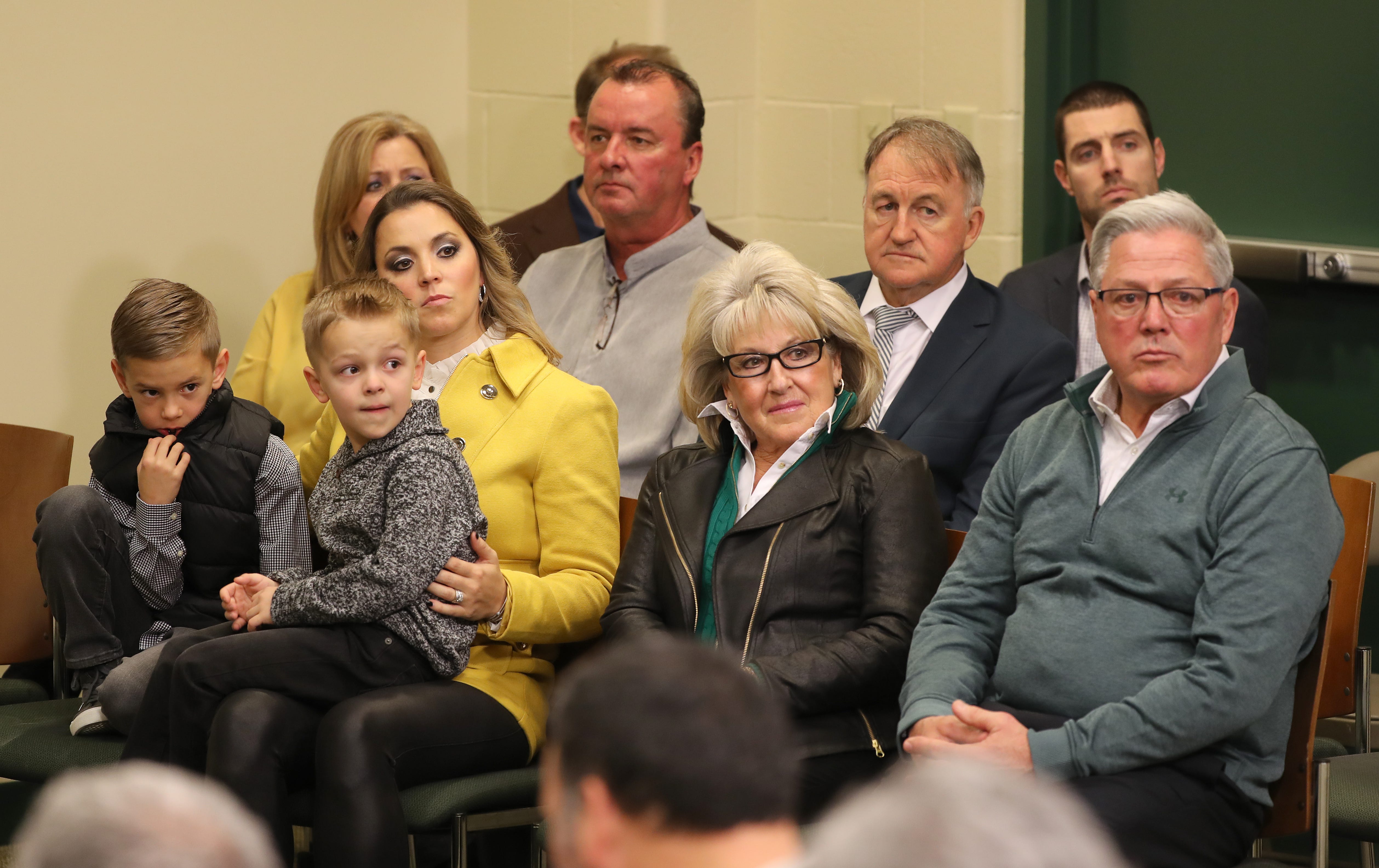 The family of new Green Bay Packers head coach Matt LaFleur looks on during media questioning as LaFleur is introduced during a press conference in the Lambeau Field media auditorium Wednesday, January 9, 2019 in Green Bay, Wis.