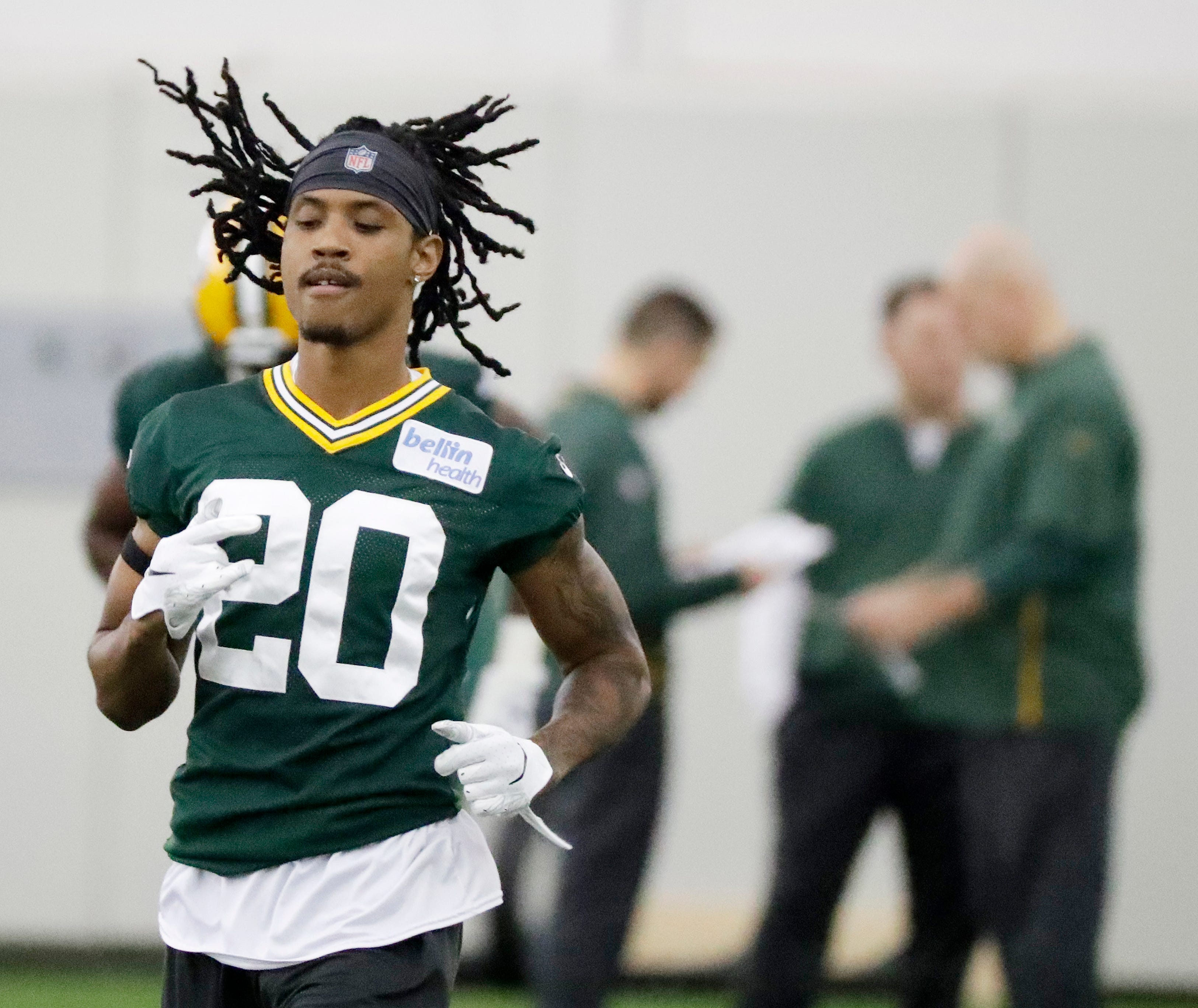 Green Bay Packers cornerback Kevin King (20) warms up during a team practice at the Don Hutson Center on Wednesday, April 24, 2019 in Ashwaubenon, Wis.