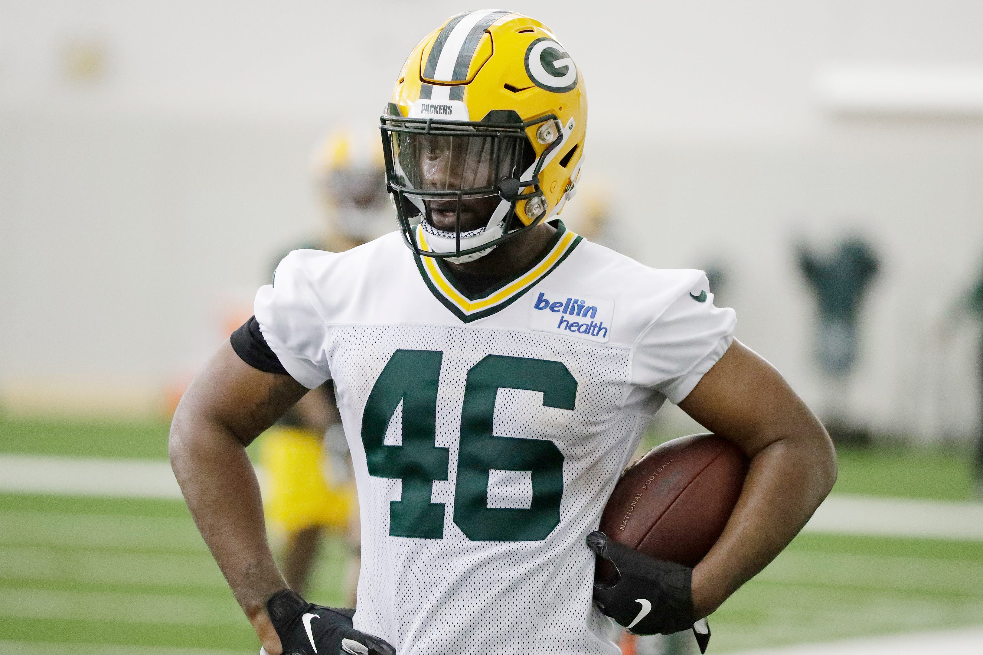 Green Bay Packers fullback Malcolm Johnson (46) during a team practice at the Don Hutson Center on Wednesday, April 24, 2019 in Ashwaubenon, Wis.