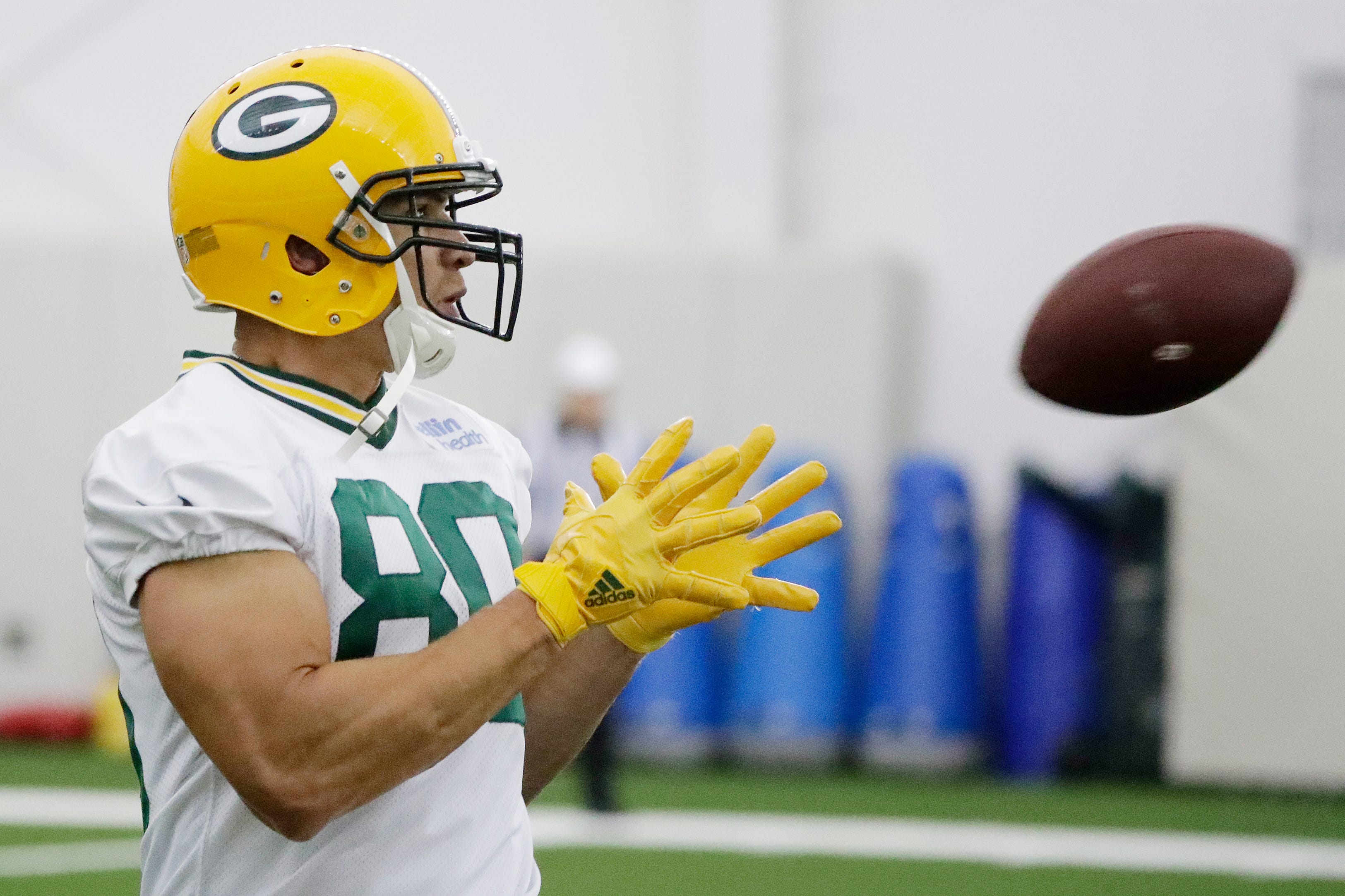 Green Bay Packers tight end Jimmy Graham (80) catches during a team practice at the Don Hutson Center on Wednesday, April 24, 2019 in Ashwaubenon, Wis.