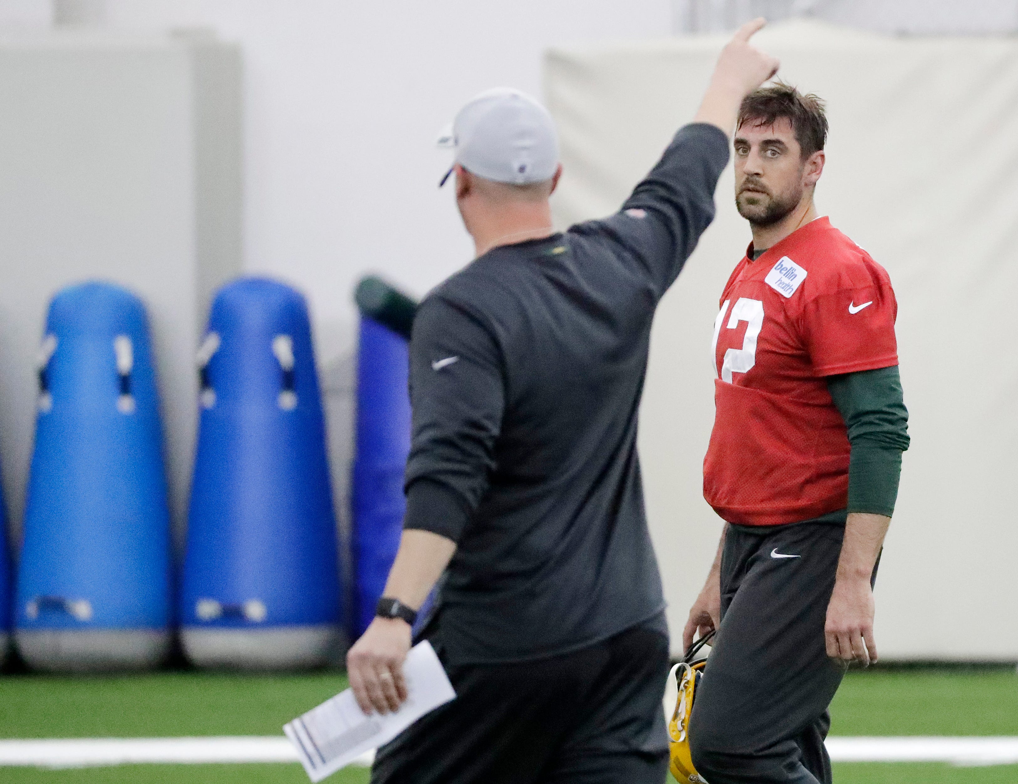 Green Bay Packers quarterback Aaron Rodgers (12) during a team practice at the Don Hutson Center on Wednesday, April 24, 2019 in Ashwaubenon, Wis.