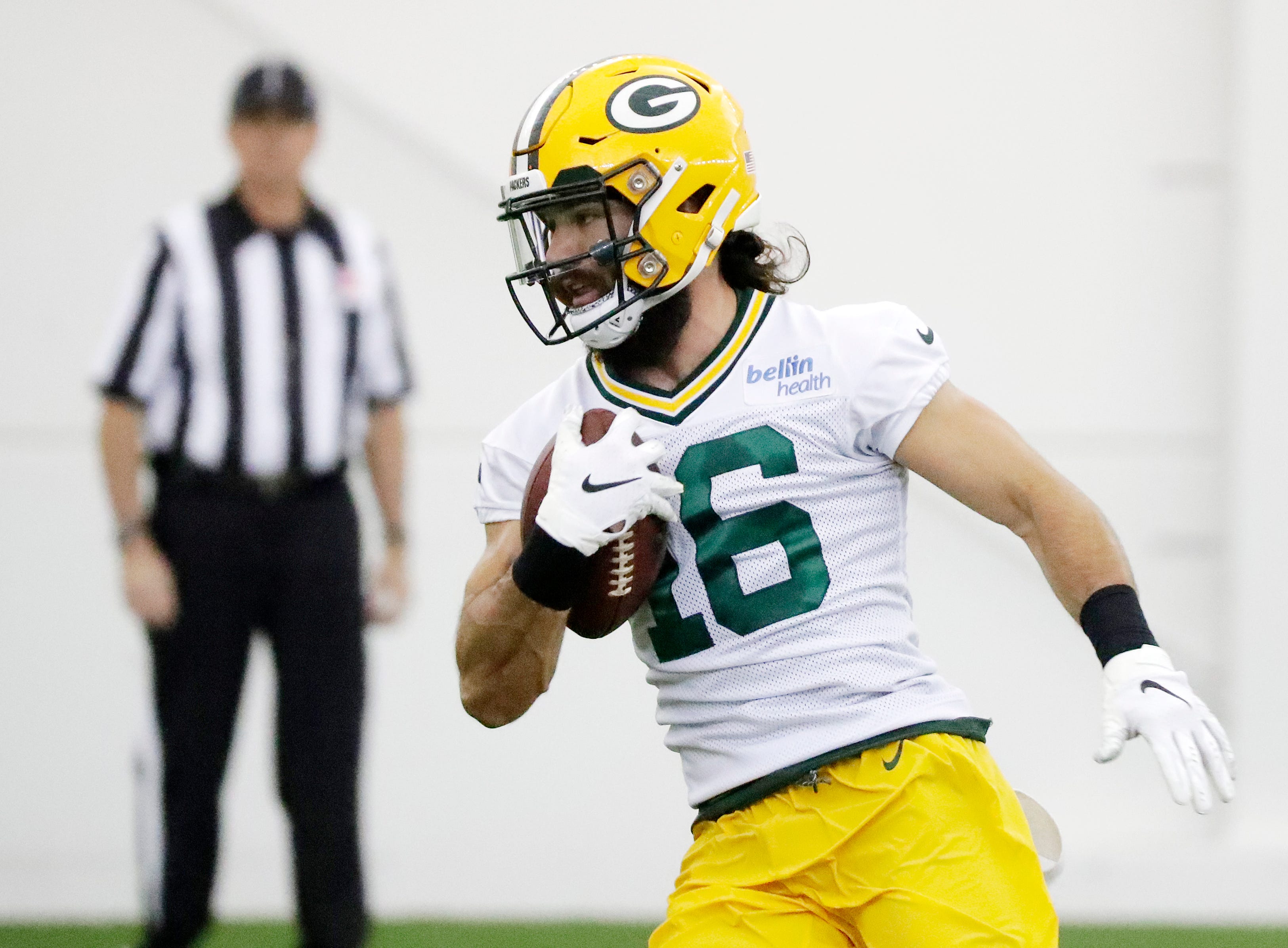 Green Bay Packers wide receiver Jake Kumerow (16) during a team practice at the Don Hutson Center on Wednesday, April 24, 2019 in Ashwaubenon, Wis.