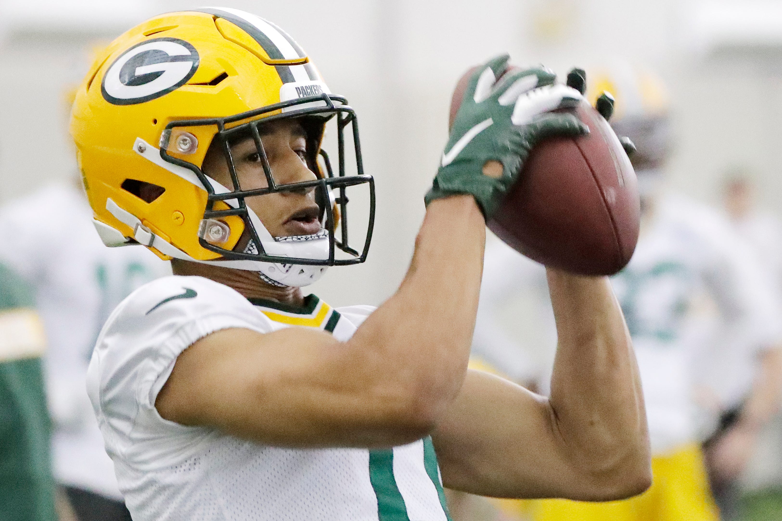 Green Bay Packers wide receiver Trevor Davis (11) catches during a team practice at the Don Hutson Center on Wednesday, April 24, 2019 in Ashwaubenon, Wis.