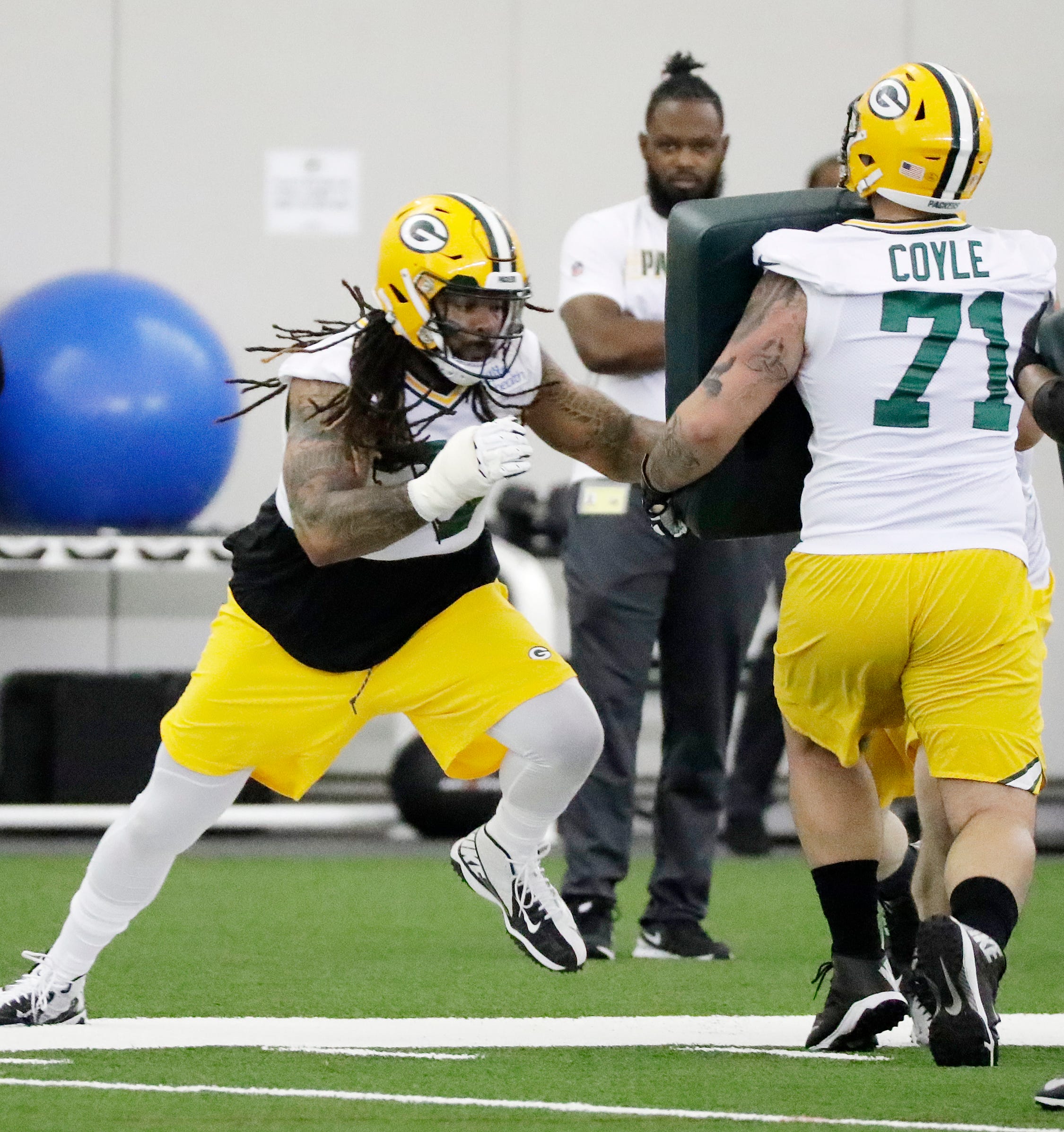 Green Bay Packers offensive tackle Billy Turner (77) during a team practice at the Don Hutson Center on Wednesday, April 24, 2019 in Ashwaubenon, Wis.