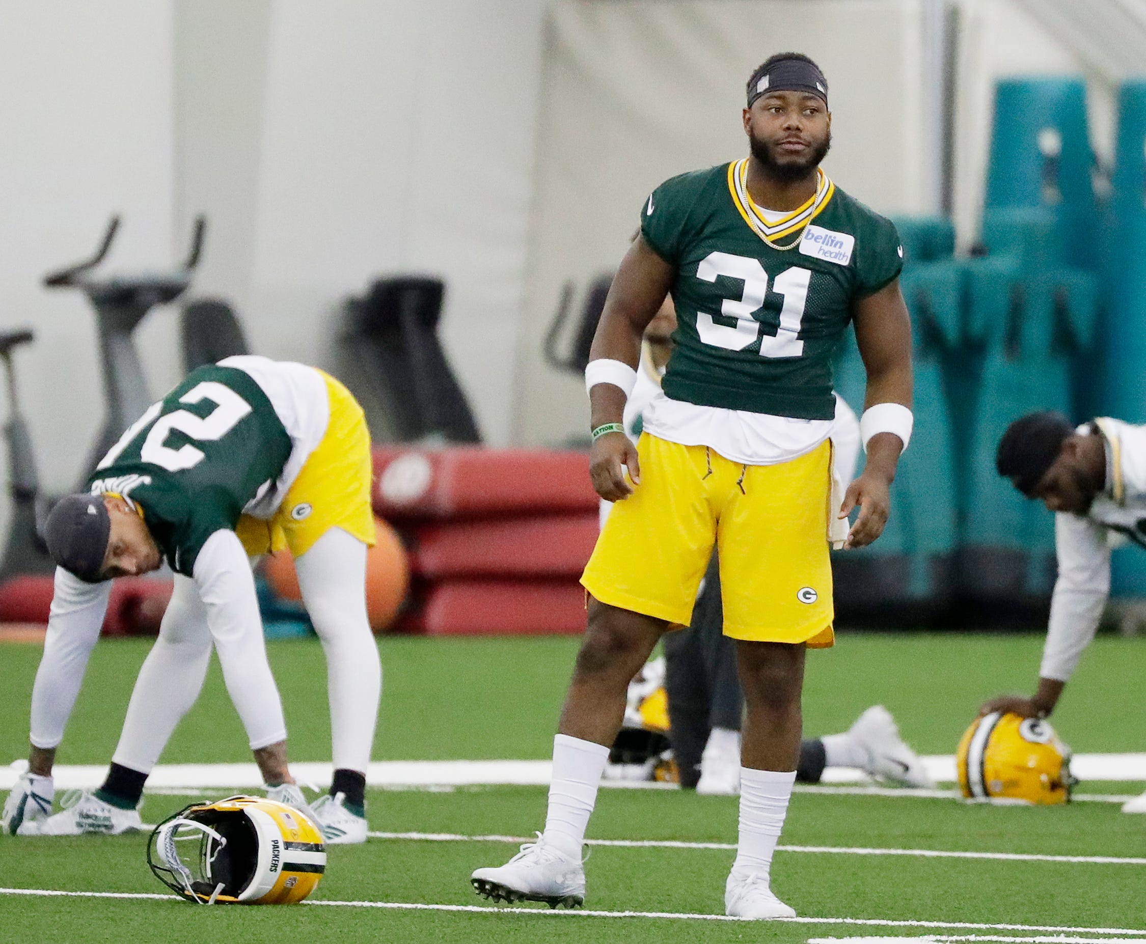 Green Bay Packers safety Adrian Amos (31) stretches during a team practice at the Don Hutson Center on Wednesday, April 24, 2019 in Ashwaubenon, Wis.