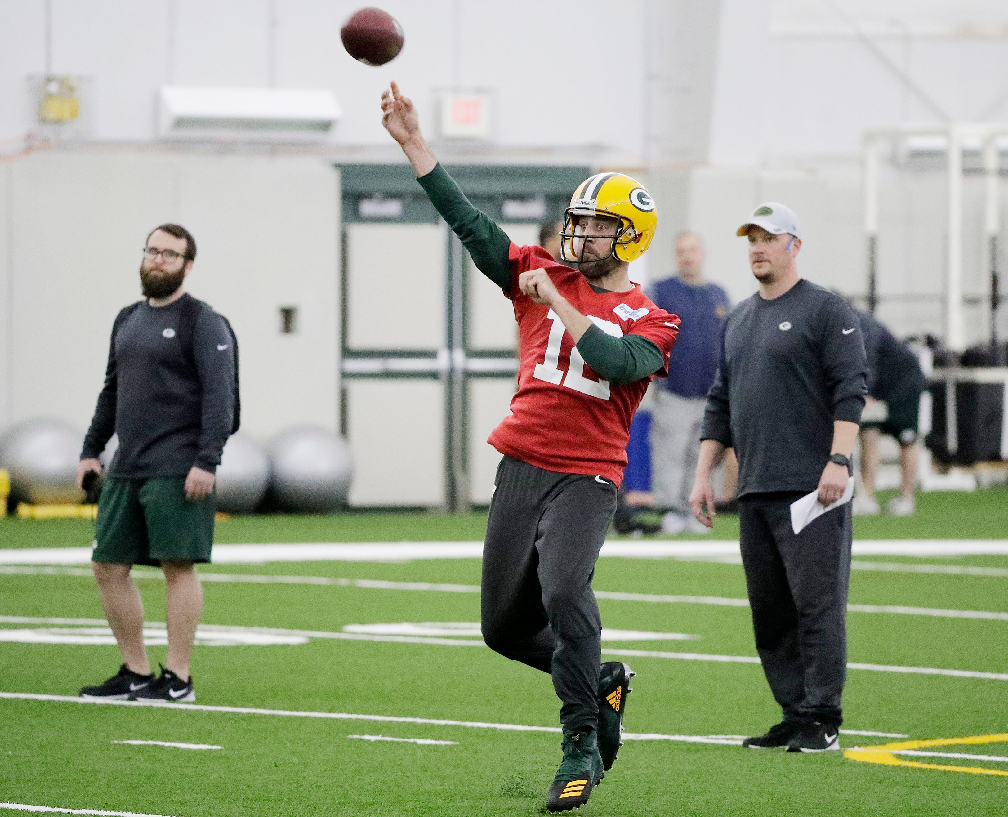 Green Bay Packers quarterback Aaron Rodgers (12) throws during a team practice at the Don Hutson Center on Wednesday, April 24, 2019 in Ashwaubenon, Wis.
