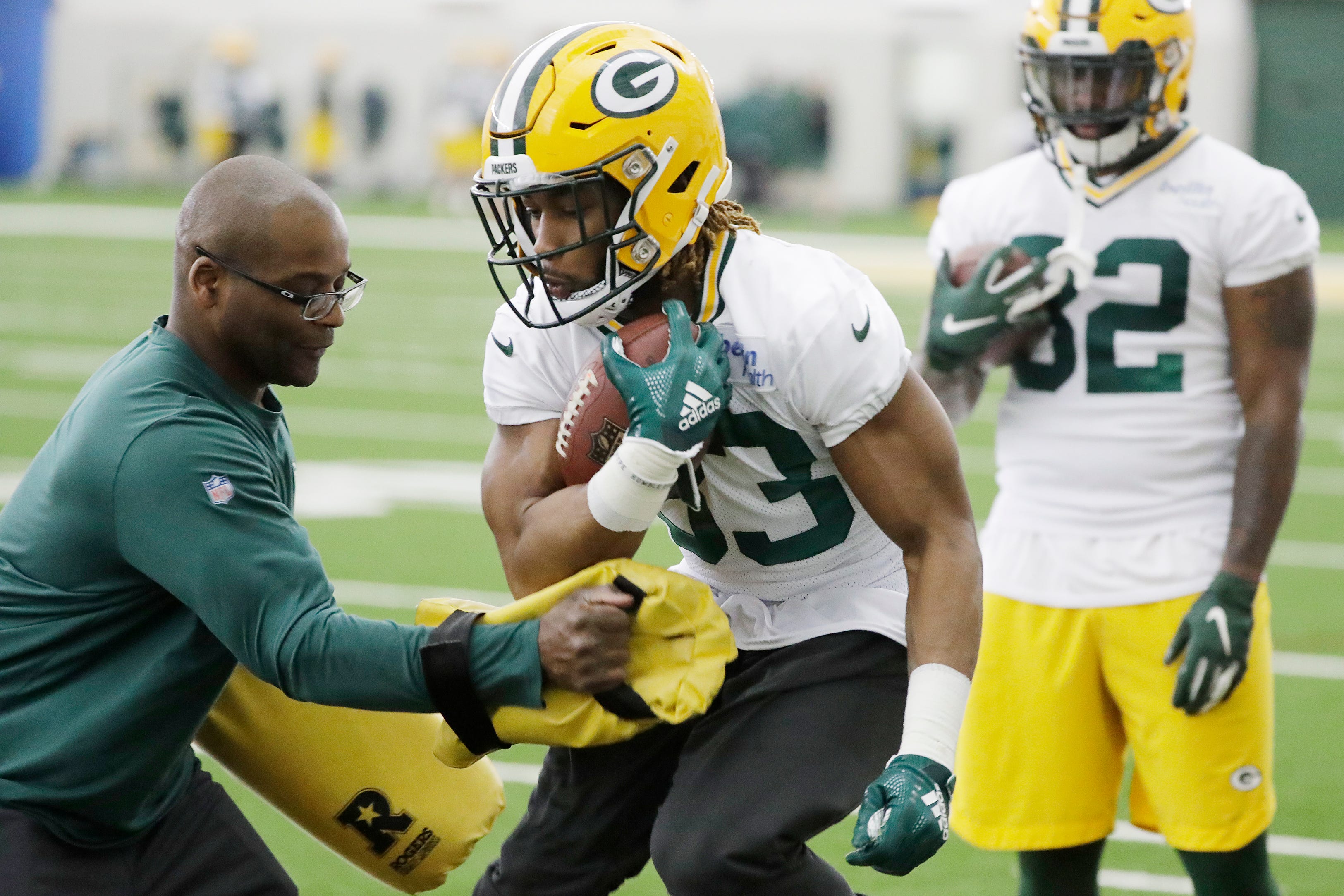 Green Bay Packers running back Aaron Jones (33) during a team practice at the Don Hutson Center on Wednesday, April 24, 2019 in Ashwaubenon, Wis.