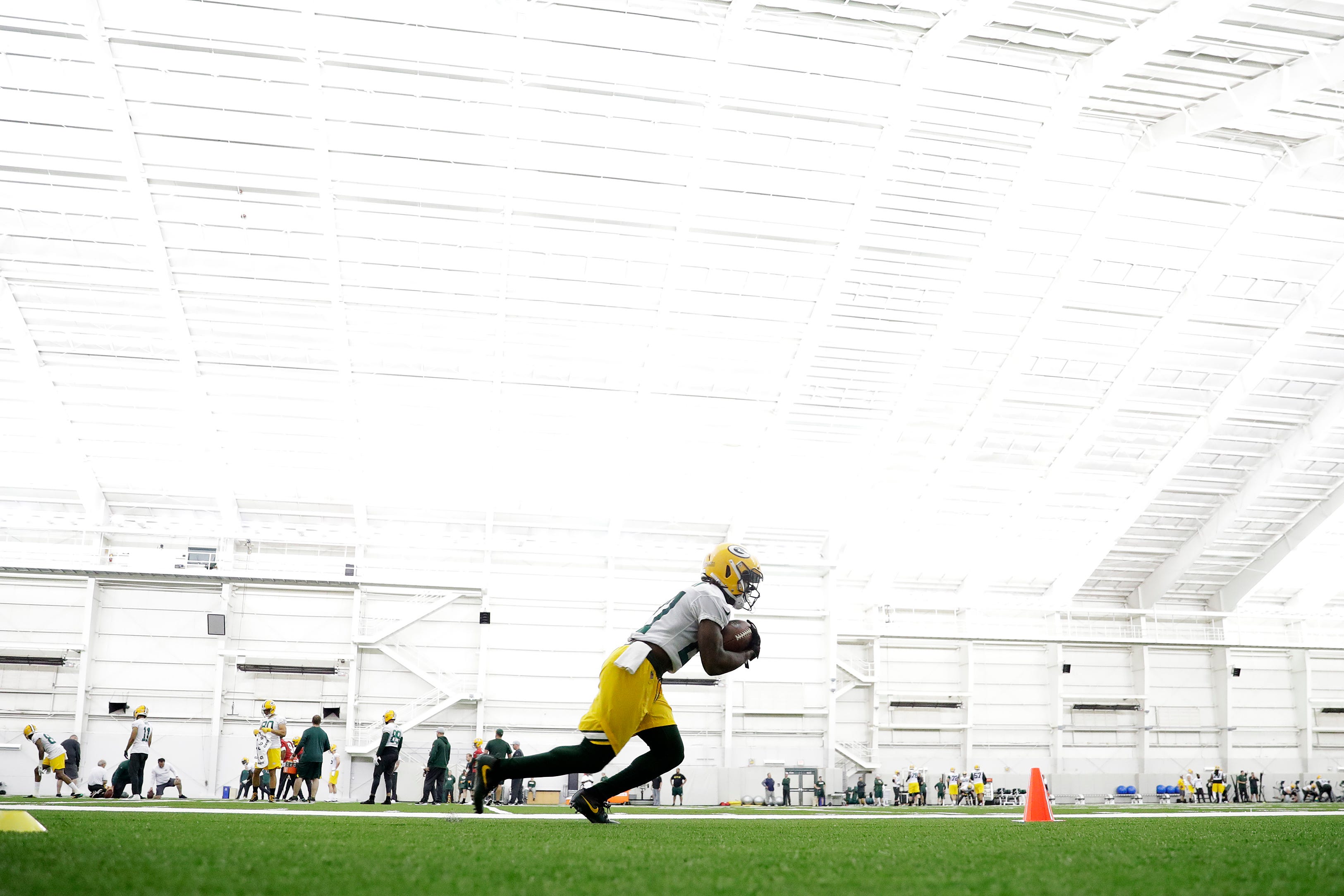 Green Bay Packers running back Lavon Coleman (27) during a team practice at the Don Hutson Center on Wednesday, April 24, 2019 in Ashwaubenon, Wis.