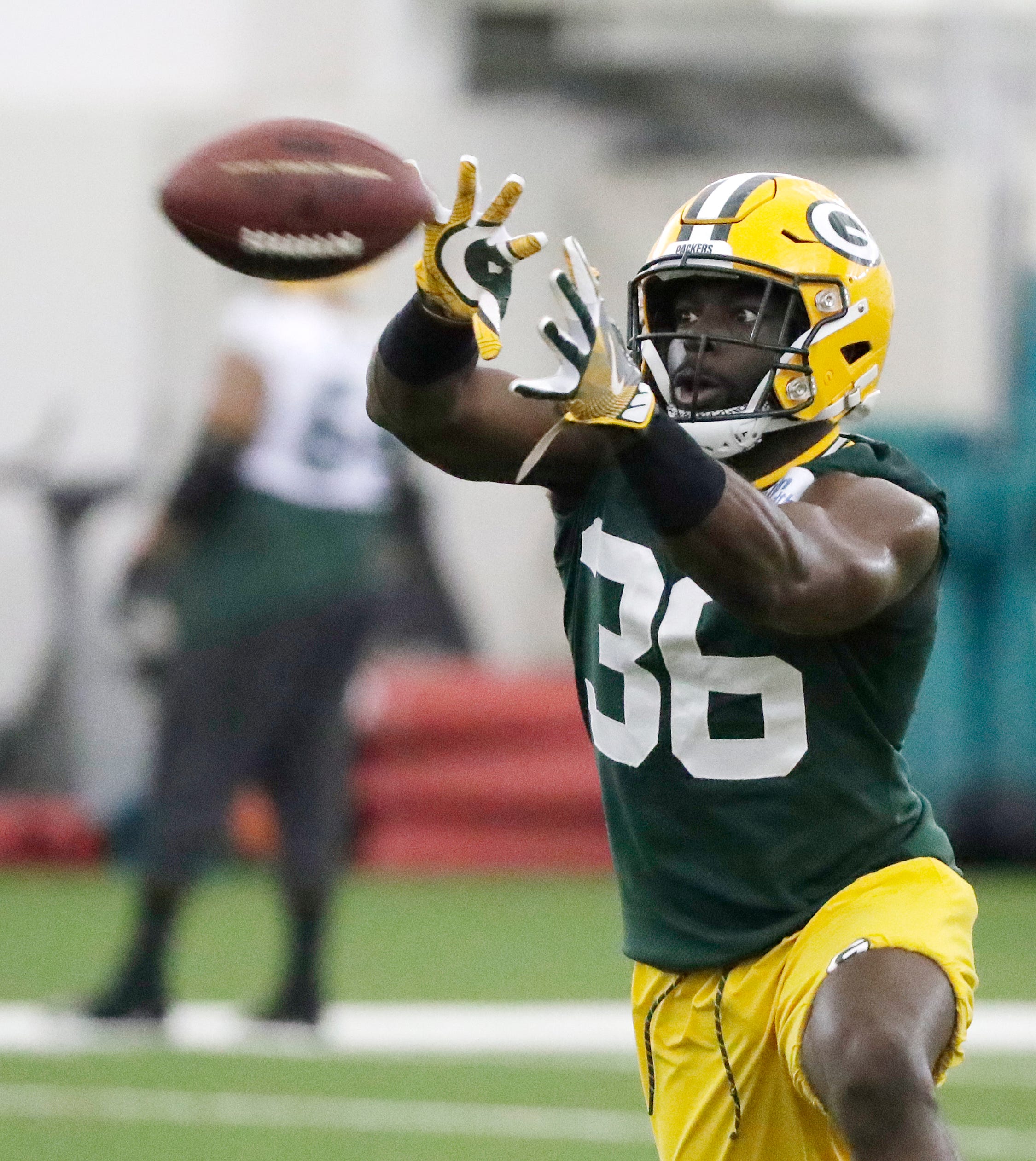 Green Bay Packers defensive back Raven Greene (36) during a team practice at the Don Hutson Center on Wednesday, April 24, 2019 in Ashwaubenon, Wis.