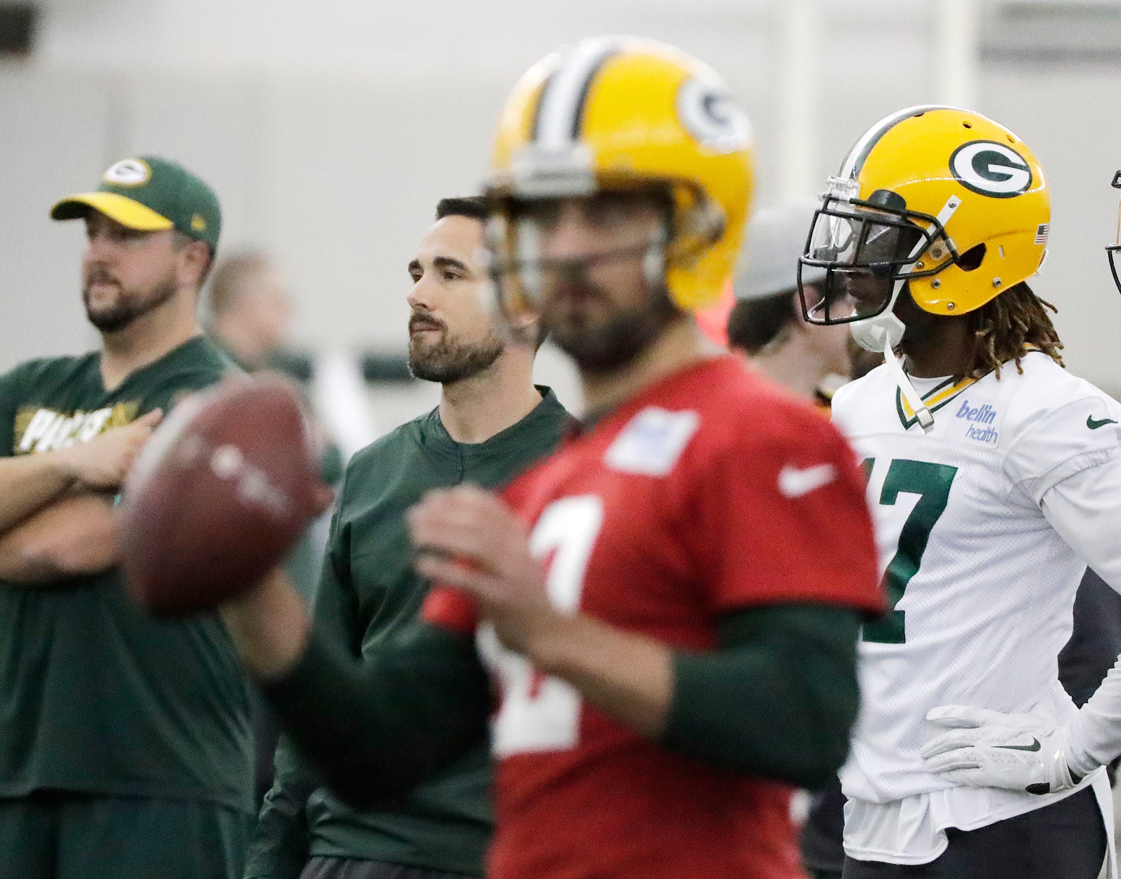 Green Bay Packers head coach Matt LaFleur watches an offensive drill during a team practice at the Don Hutson Center on Wednesday, April 24, 2019 in Ashwaubenon, Wis.