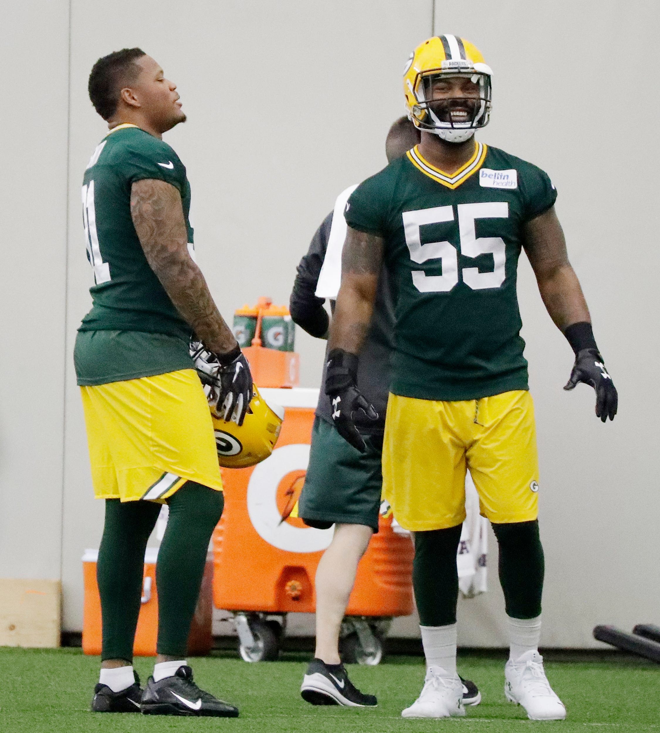 Green Bay Packers linebacker Za'Darius Smith (55) and linebacker Preston Smith (91) during a team practice at the Don Hutson Center on Wednesday, April 24, 2019 in Ashwaubenon, Wis.