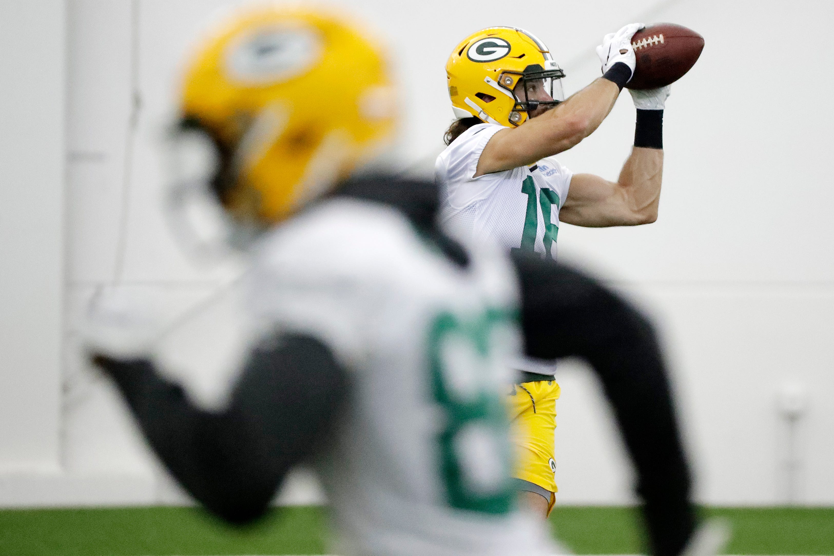 Green Bay Packers wide receiver Jake Kumerow (16) catches during a team practice at the Don Hutson Center on Wednesday, April 24, 2019 in Ashwaubenon, Wis.