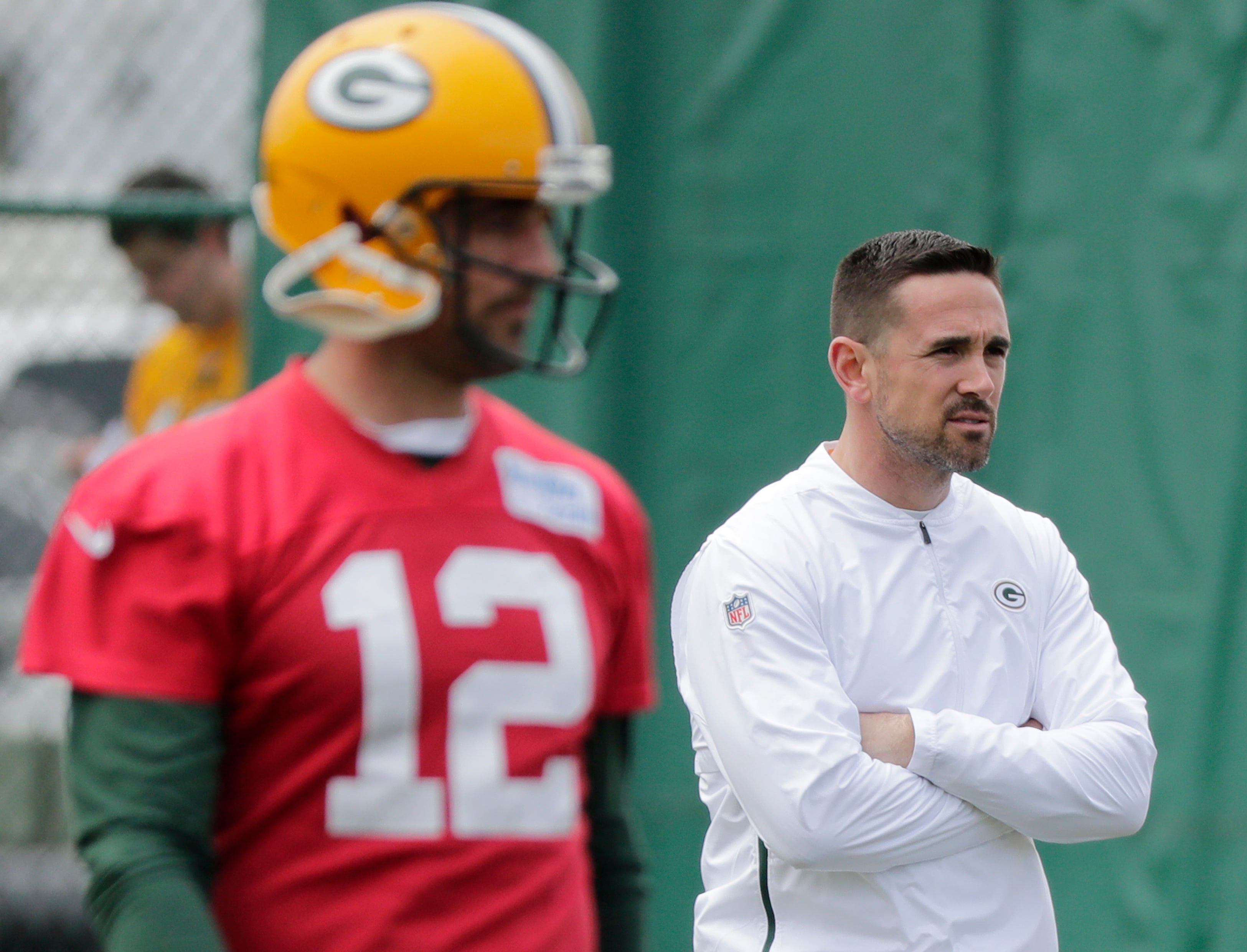 Green Bay Packers head coach Matt LaFleur and quarterback Aaron Rodgers (12) during practice at Clarke Hinkle Field on Tuesday, May 21, 2019 in Ashwaubenon, Wis.
Adam Wesley/USA TODAY NETWORK-Wis