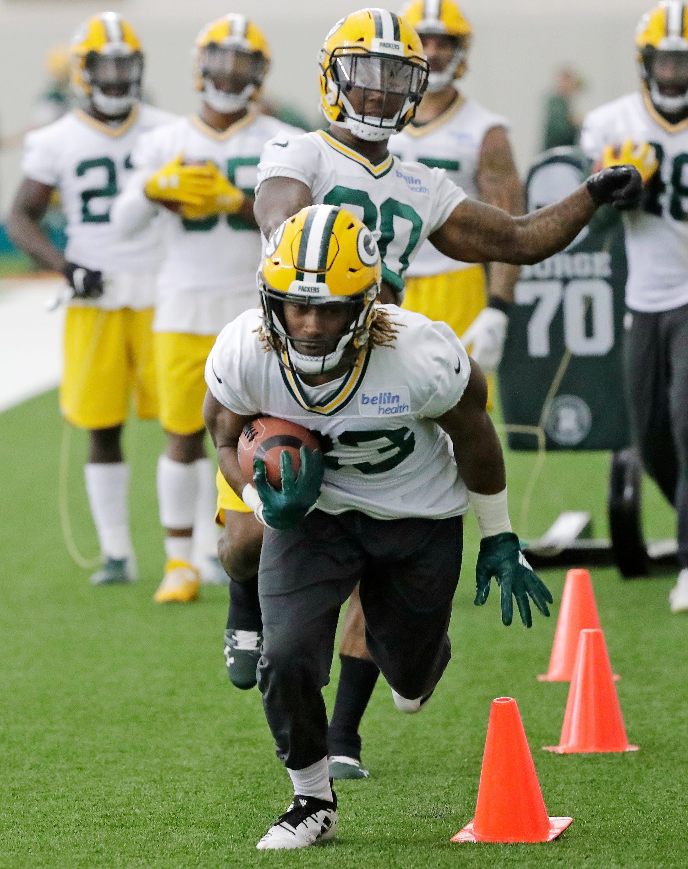 Green Bay Packers running back Aaron Jones (33) during practice at the Don Hutson Center on Wednesday, June 12, 2019 in Ashwaubenon, Wis.