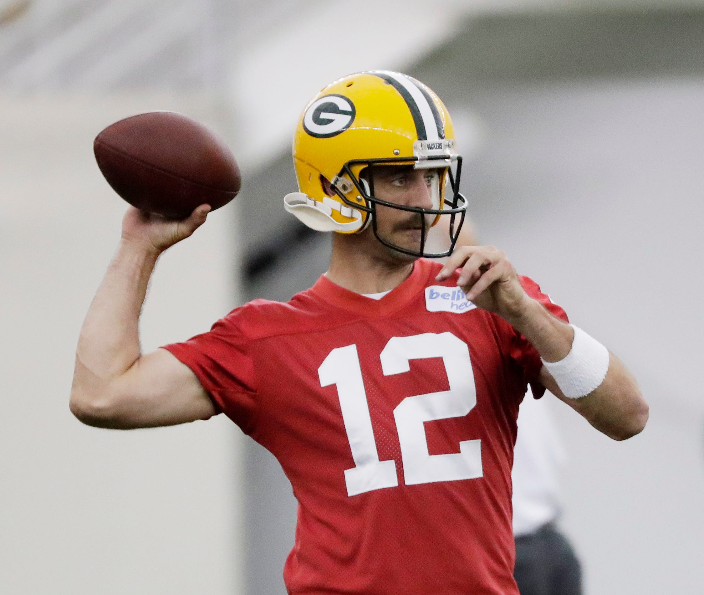 Green Bay Packers quarterback Aaron Rodgers (12) during practice at the Don Hutson Center on Wednesday, June 12, 2019 in Ashwaubenon, Wis.
