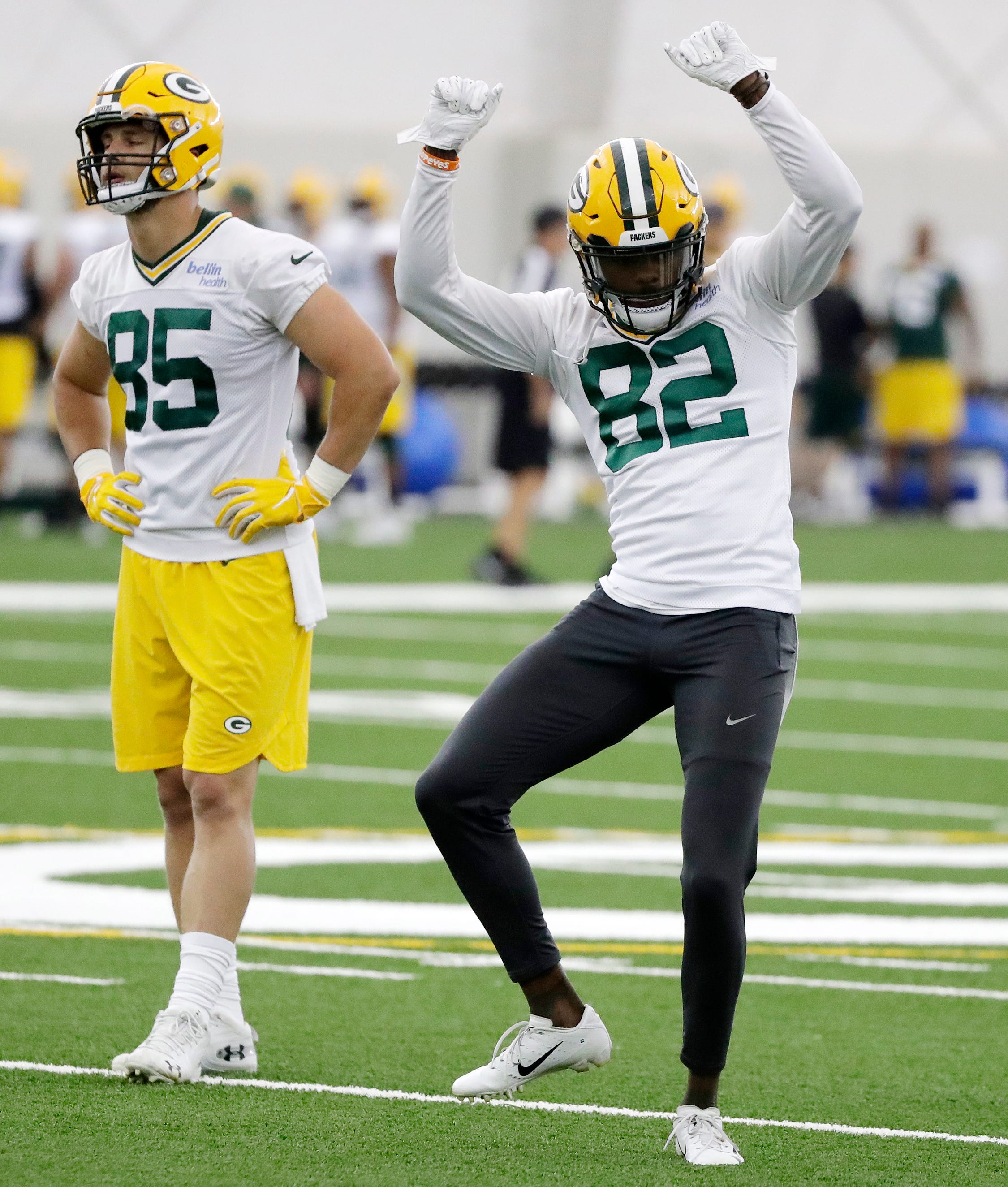 Green Bay Packers wide receiver J'Mon Moore (82) during practice at the Don Hutson Center on Wednesday, June 12, 2019 in Ashwaubenon, Wis.
