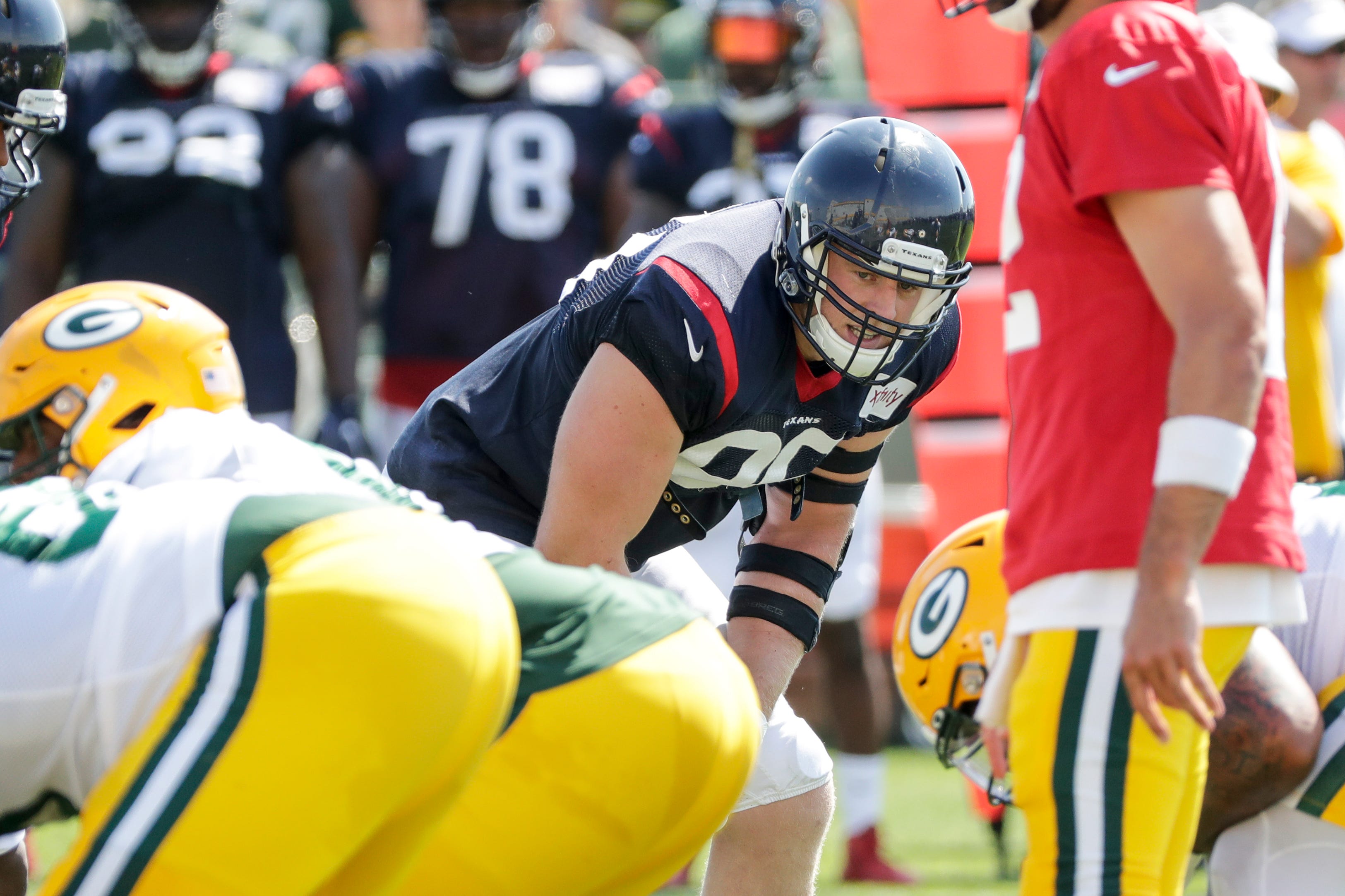 Texans defensive end J. J. Watt (99) lines up for a scrimmage during a joint training camp practice with the Green Bay Packers at Ray Nitchske Field Monday, August 5, 2019, in Ashwaubenon, Wis.