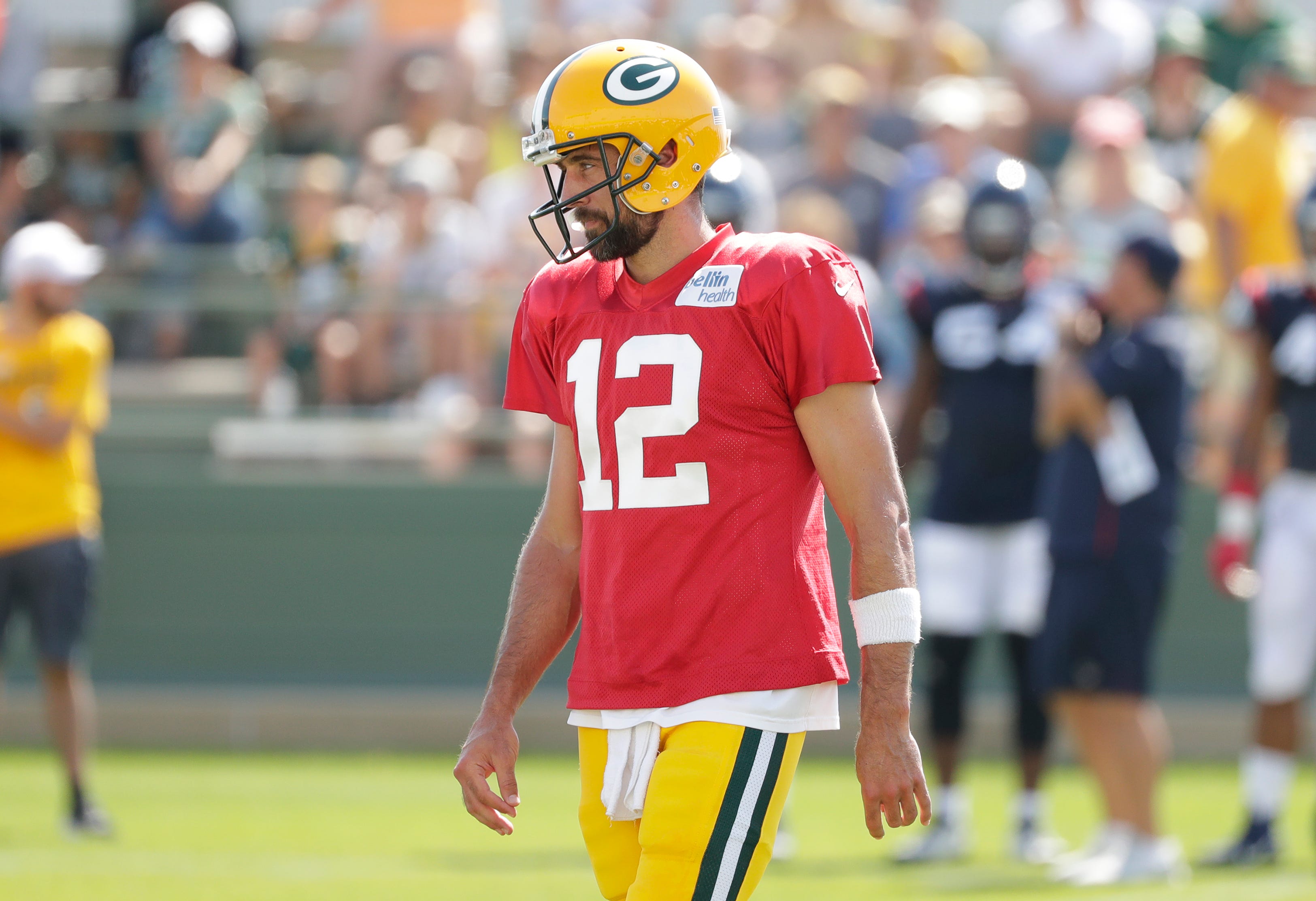 Green Bay quarterback Aaron Rodgers (12) during a scrimmage at a joint training camp practice with the Texans at Ray Nitchske Field Monday, August 5, 2019, in Ashwaubenon, Wis.