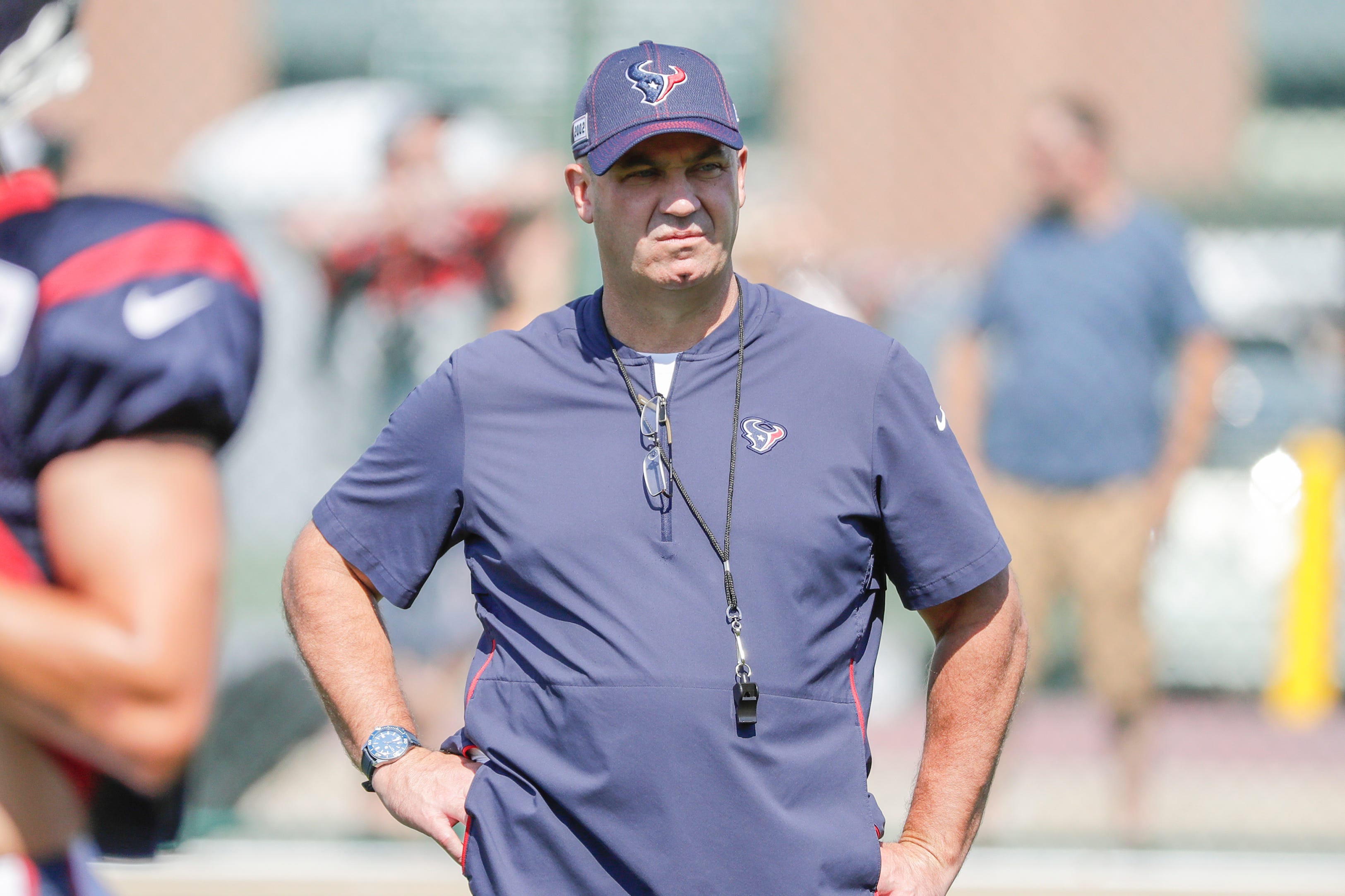Texans head coach Bill O'Brien watches practice during a joint training camp practice with the Green Bay Packers at Clarke Hinkle Field Monday, August 5, 2019, in Ashwaubenon, Wis.