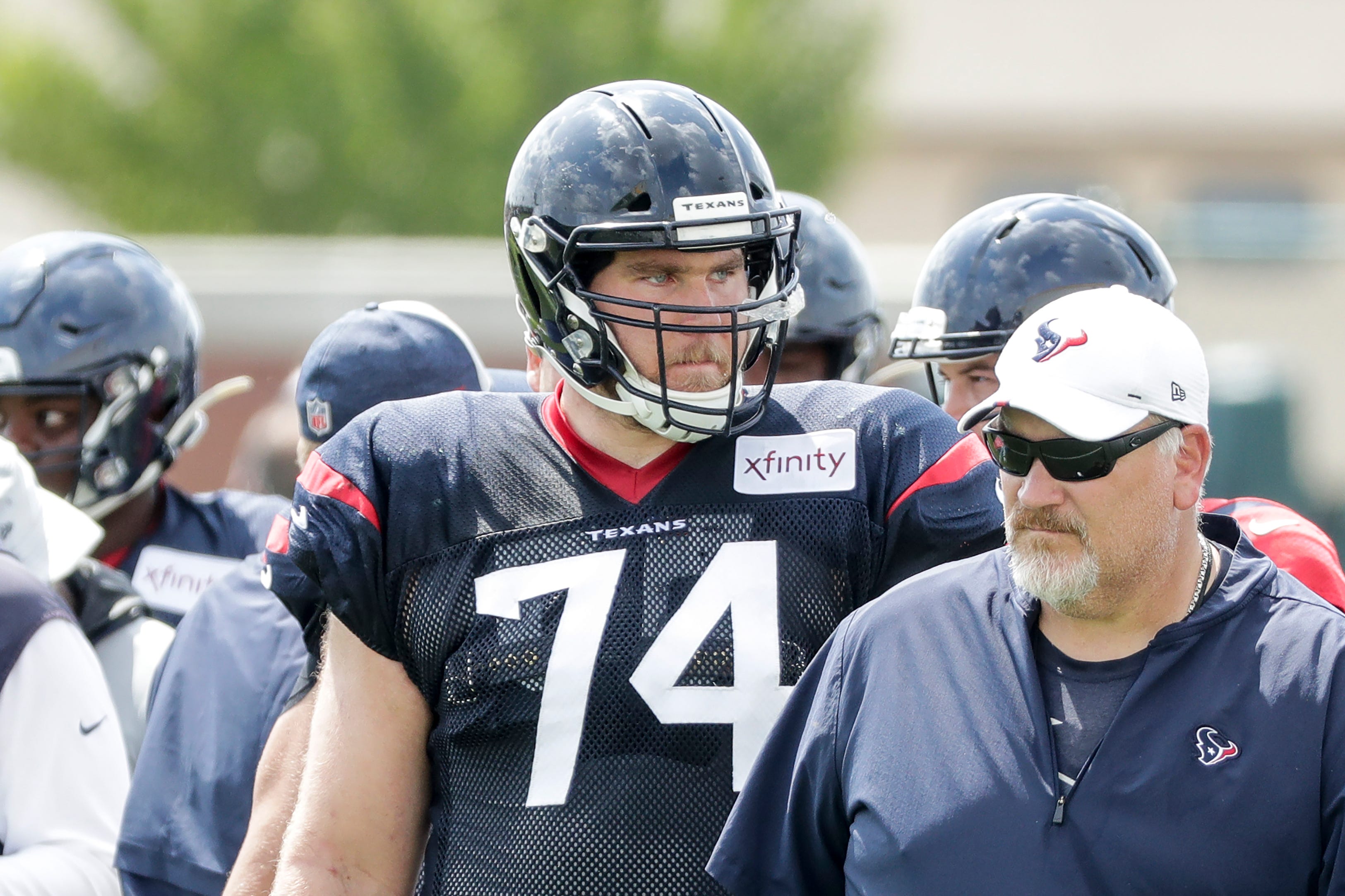 Texans tackle Max Scharping (74) during a joint training camp practice with the Green Bay Packers at Ray Nitchske Field Monday, August 5, 2019, in Ashwaubenon, Wis.
