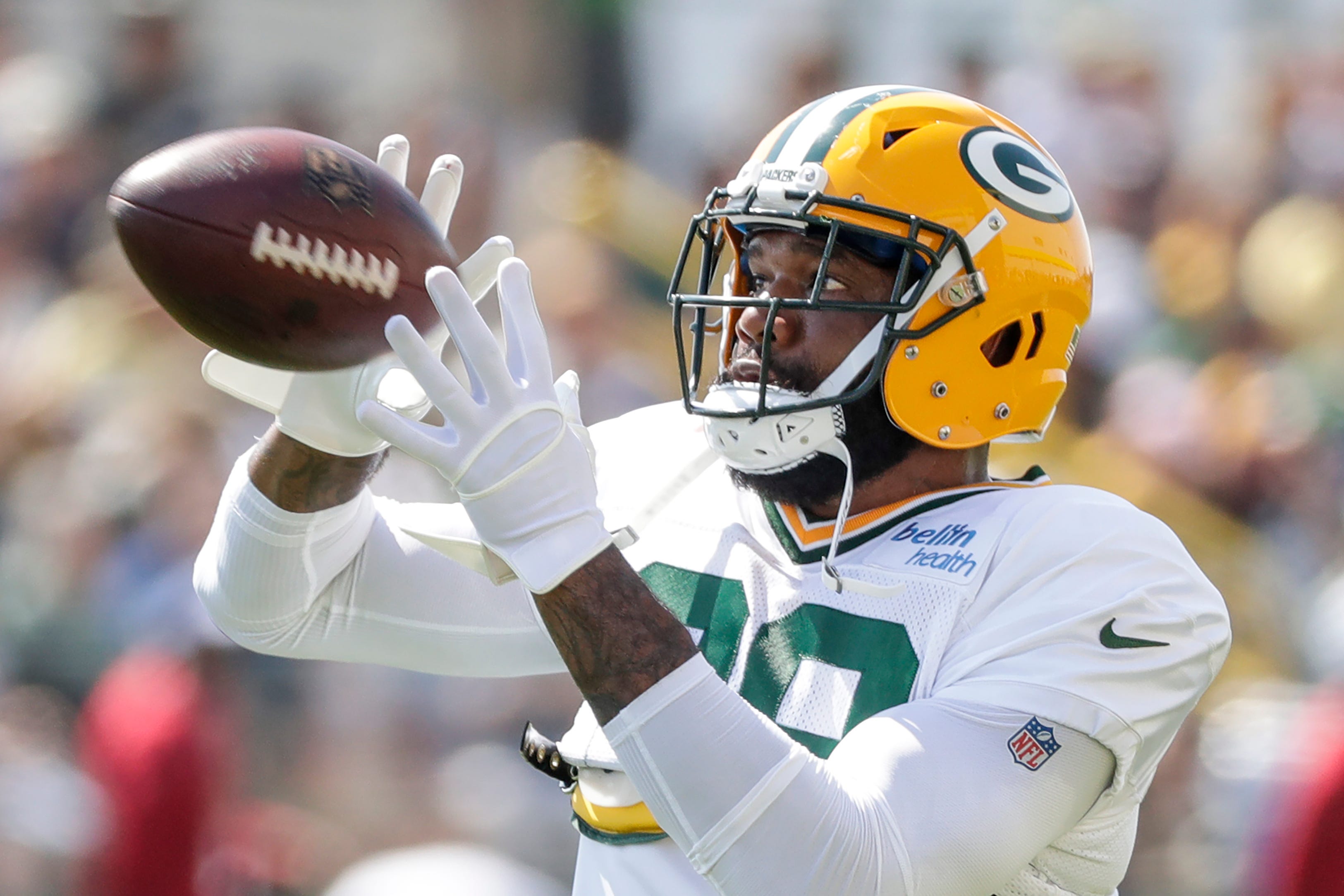 Green Bay tight end Marcedes Lewis (89) catches a pass during a scrimmage at a joint training camp practice with the Texans at Ray Nitchske Field Monday, August 5, 2019, in Ashwaubenon, Wis.