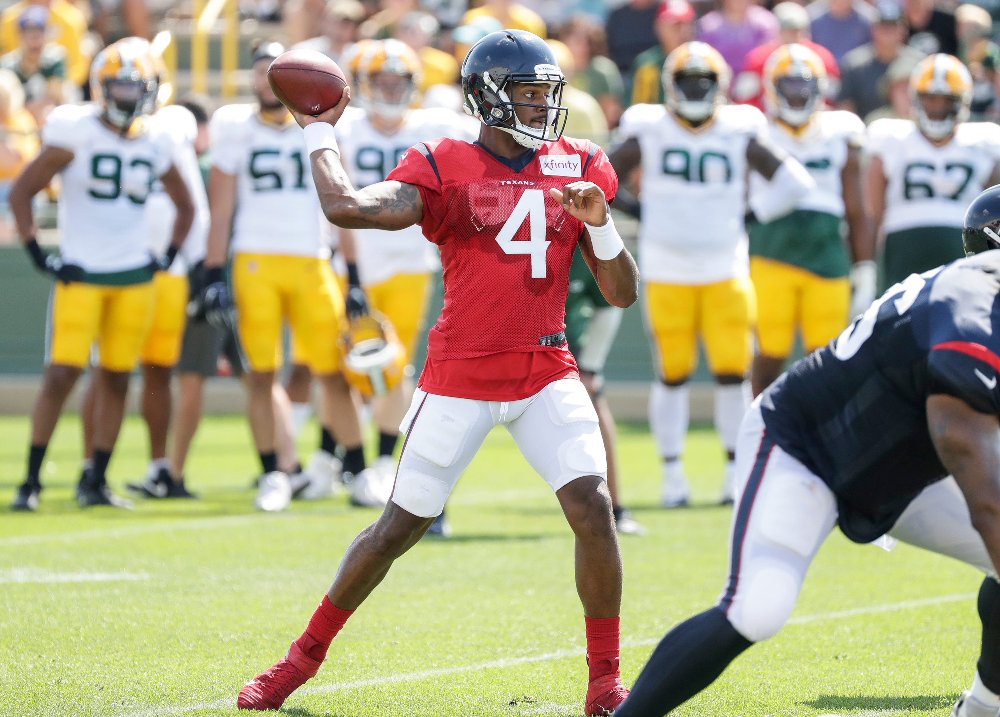 Texans quarterback Deshaun Watson (4) throws during a joint training camp practice with the Green Bay Packers at Ray Nitchske Field Monday, August 5, 2019, in Ashwaubenon, Wis.