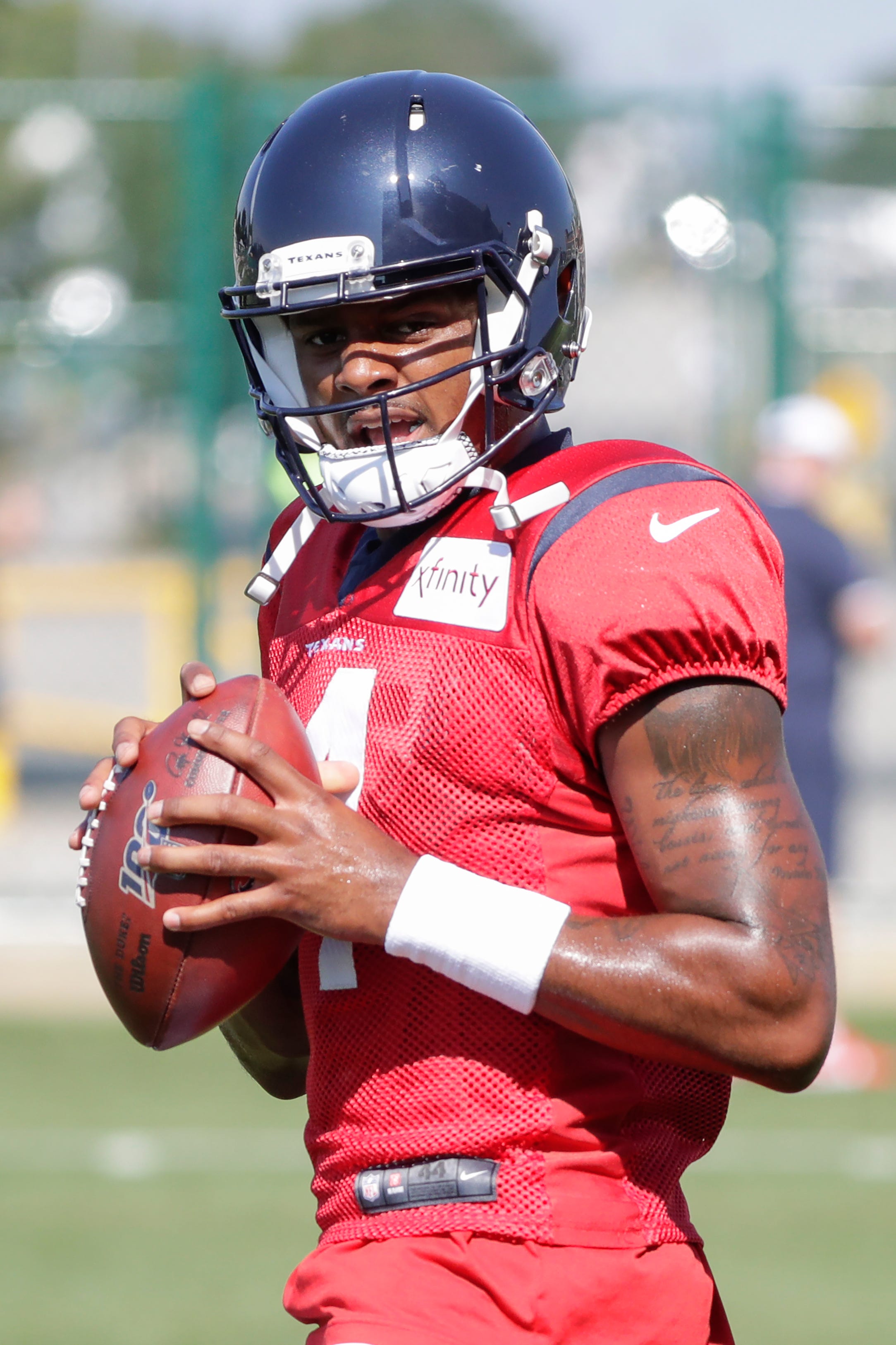 Quarterback Deshaun Watson (4) takes snaps during a joint training camp practice with the Green Bay Packers at Clarke Hinkle Field Monday, August 5, 2019, in Ashwaubenon, Wis.