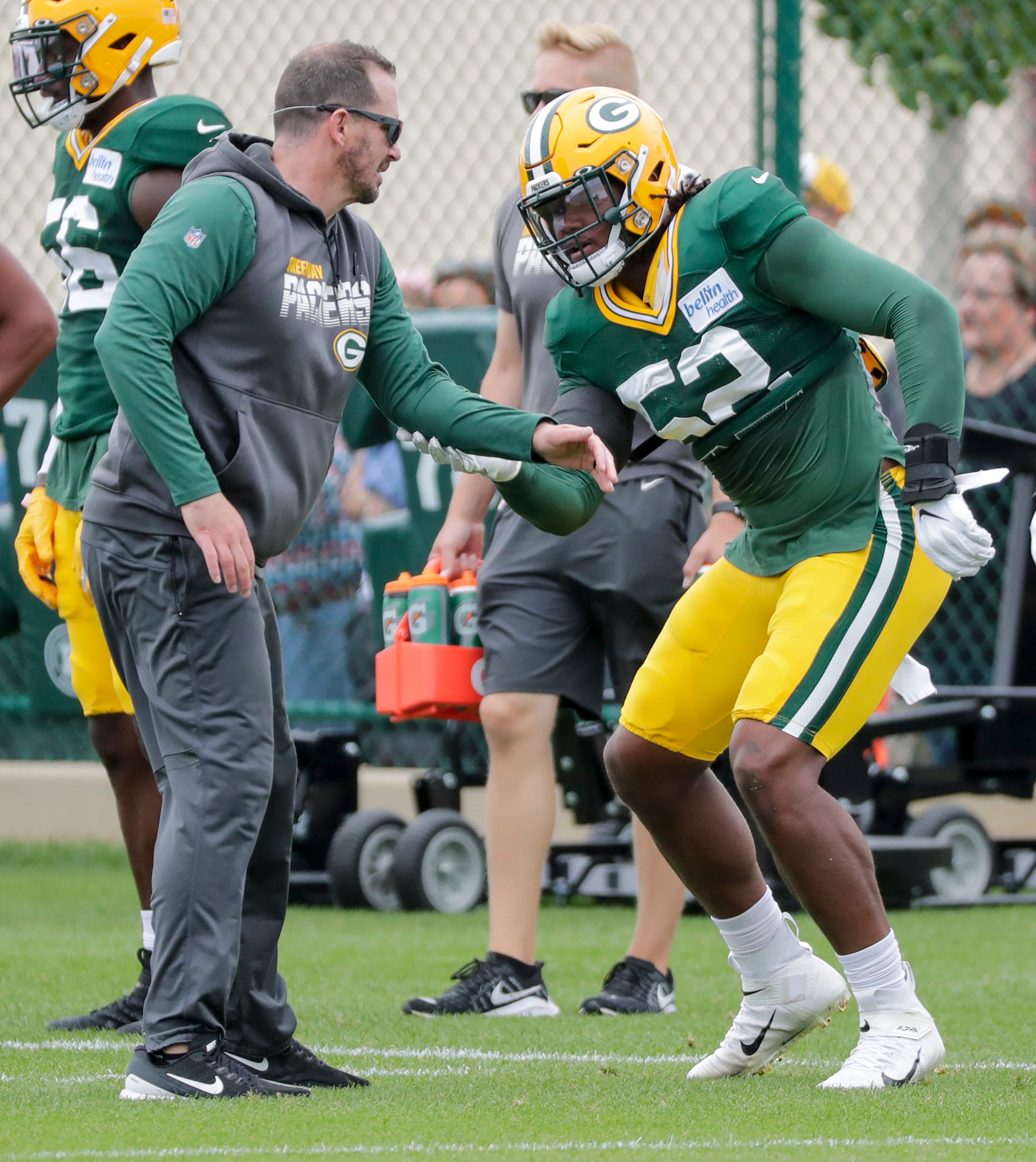 Green Bay Packers' Rashan Gary runs a drill during training camp practice Tuesday, August 13, 2019, at Ray Nitschke Field in Ashwaubenon, Wis.