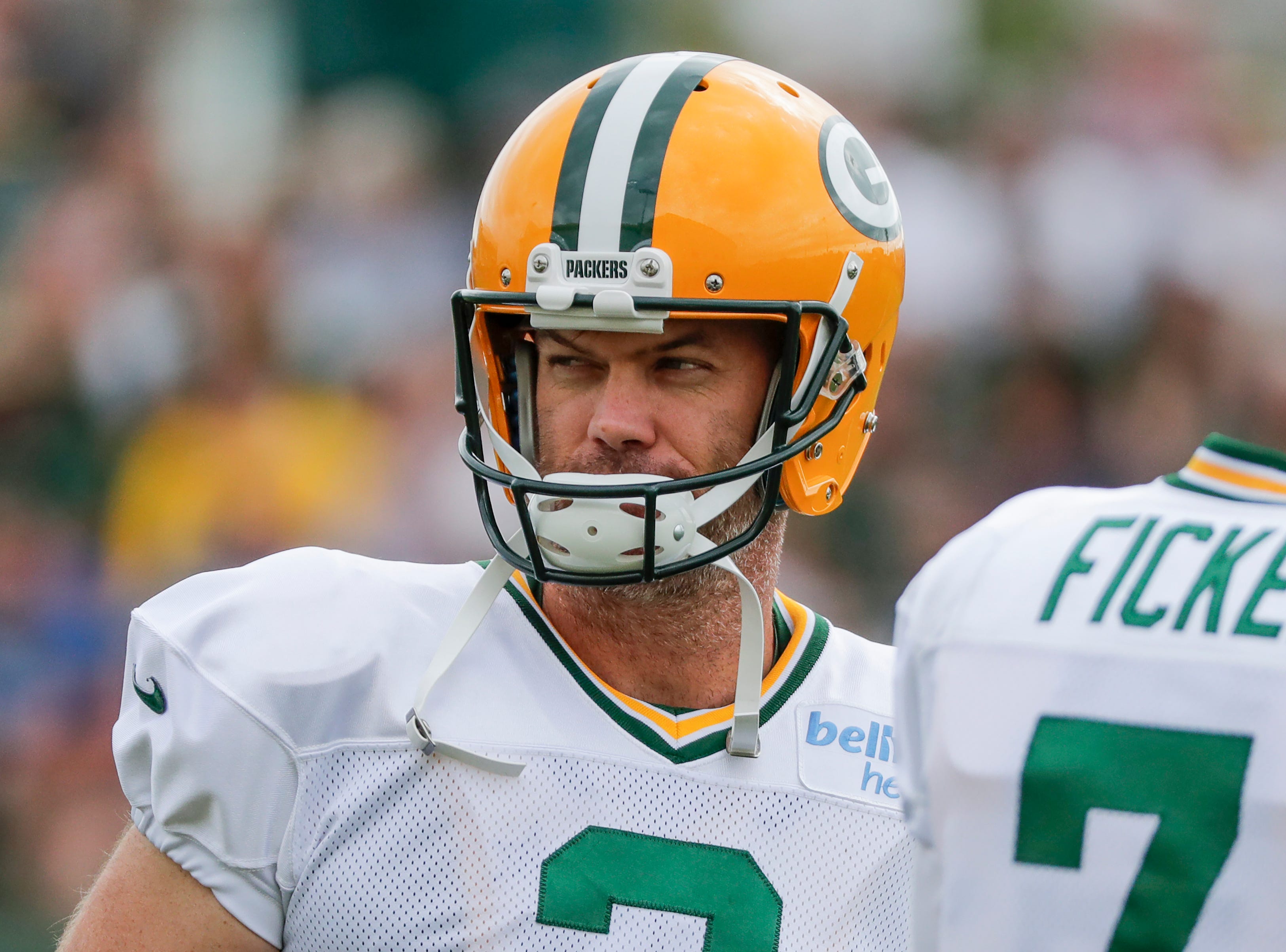Green Bay Packers' Mason Crosby during training camp practice Tuesday, August 13, 2019, at Ray Nitschke Field in Ashwaubenon, Wis.
