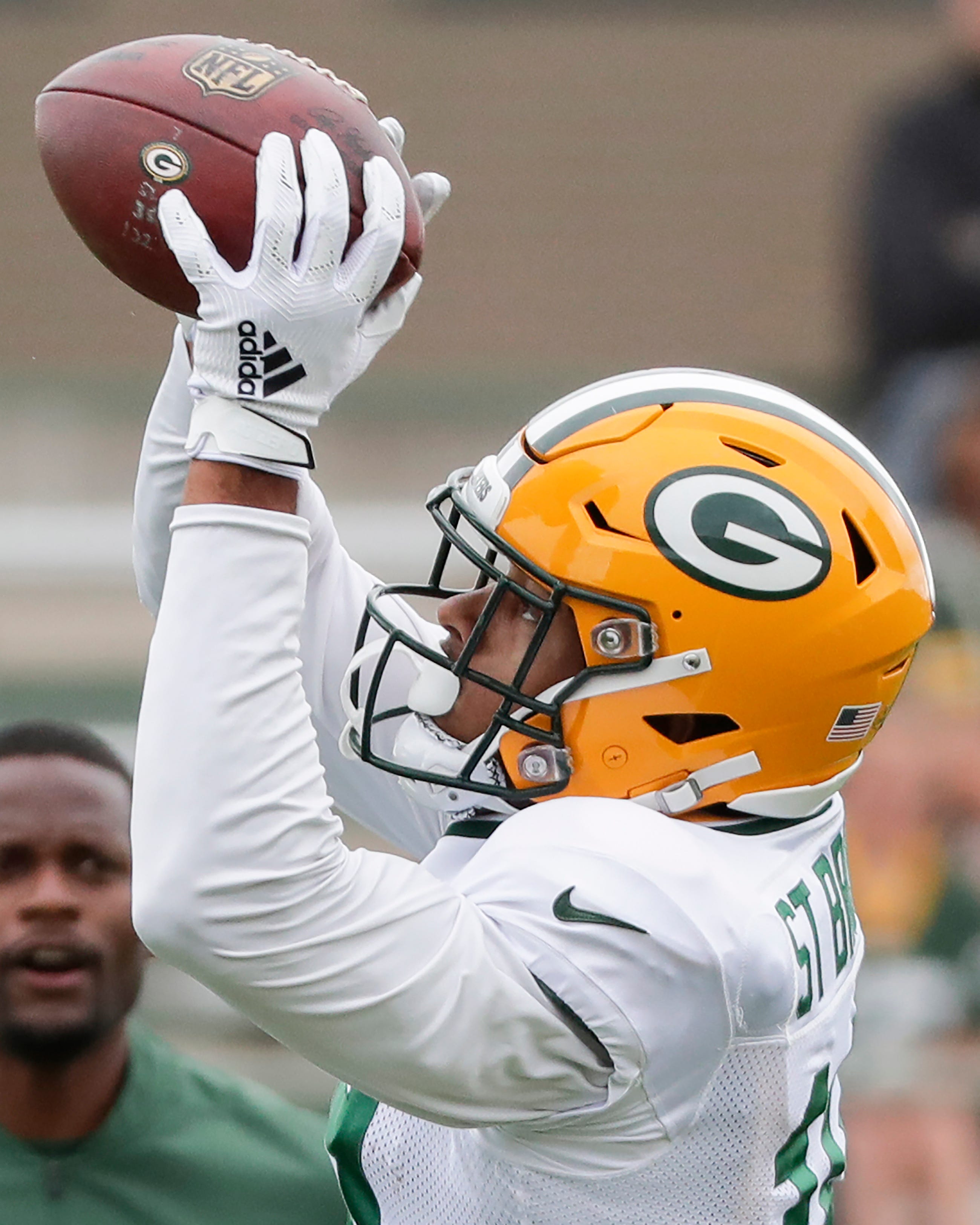 Green Bay Packers' Equanimeous St. Brown catches a pass during training camp practice Tuesday, August 13, 2019, at Ray Nitschke Field in Ashwaubenon, Wis.