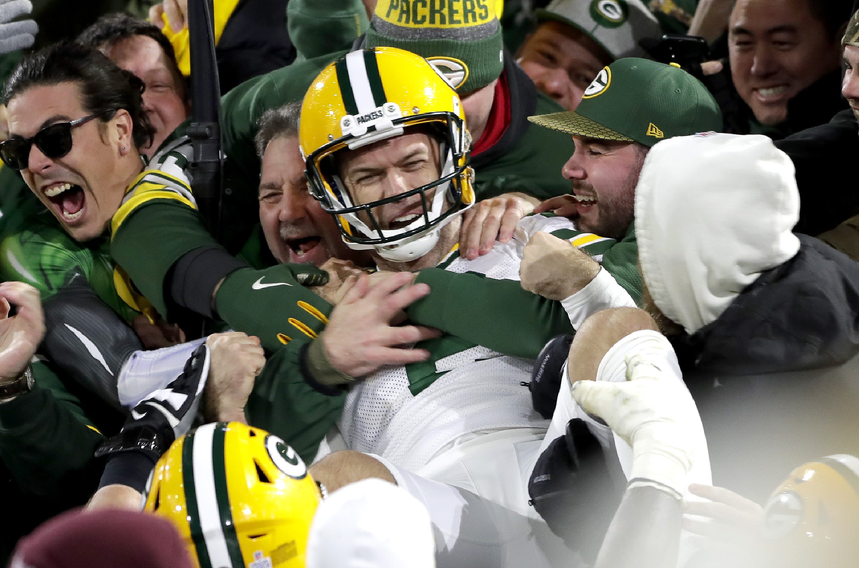 Green Bay Packers kicker Mason Crosby (2) celebrates with a Lambeau Leap after kicking the game winning field goal against the Detroit Lions during their football game Monday October 14, 2019, at Lambeau Field in Green Bay, Wis. The packers defeated the Lions 23 to 22.
