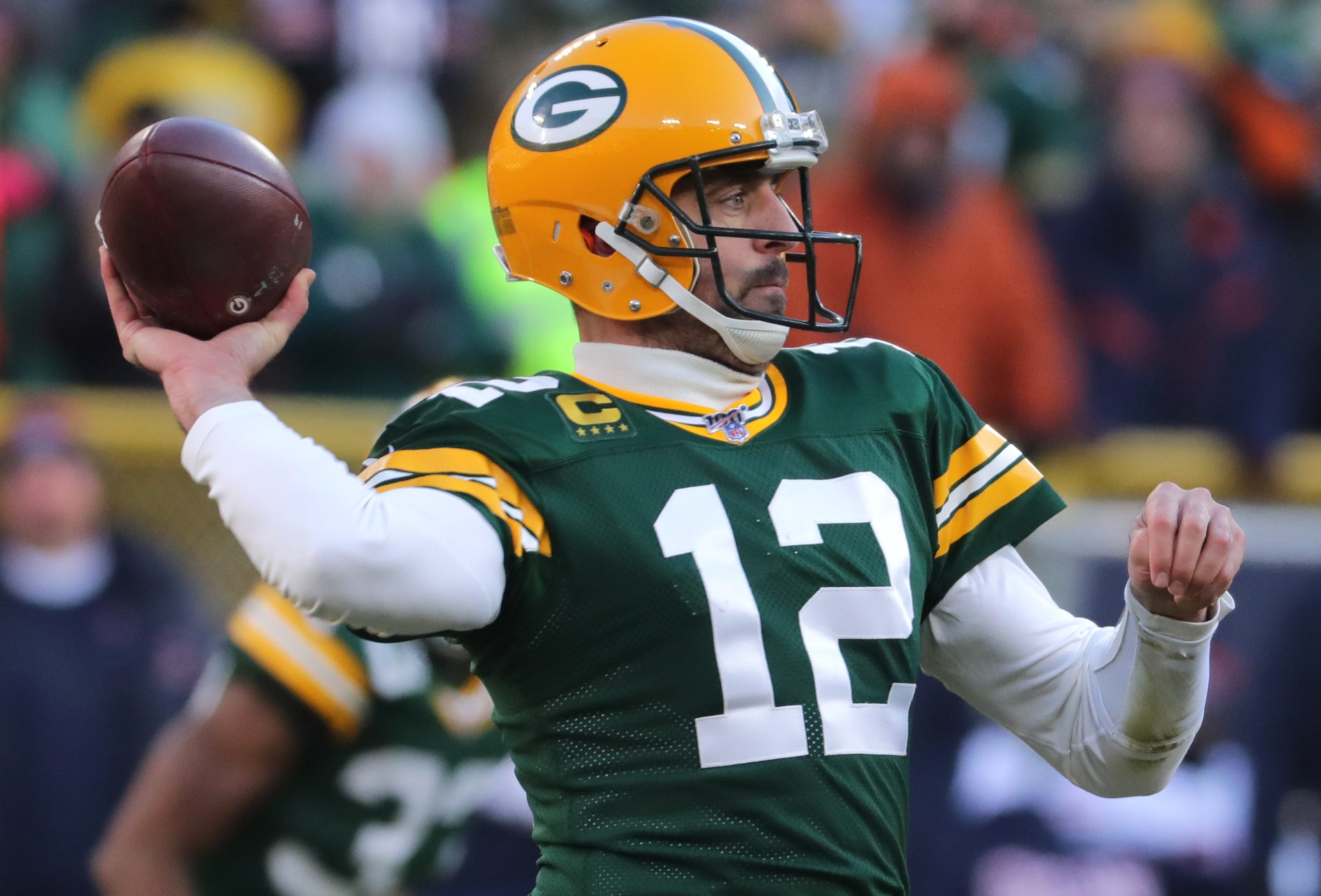 Green Bay Packers quarterback Aaron Rodgers (12) throw a pass during the third quarter of their game Sunday, December 15, 2019 at Lambeau Field in Green Bay, Wis. The Green Bay Packers beat the Chicago Bears 21-13.